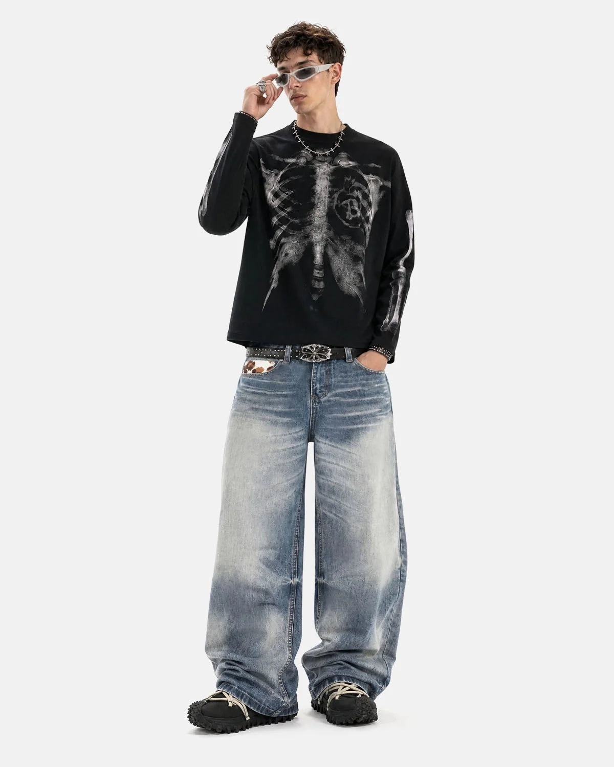 Omygoods Cow Print Patch Baggy Jeans