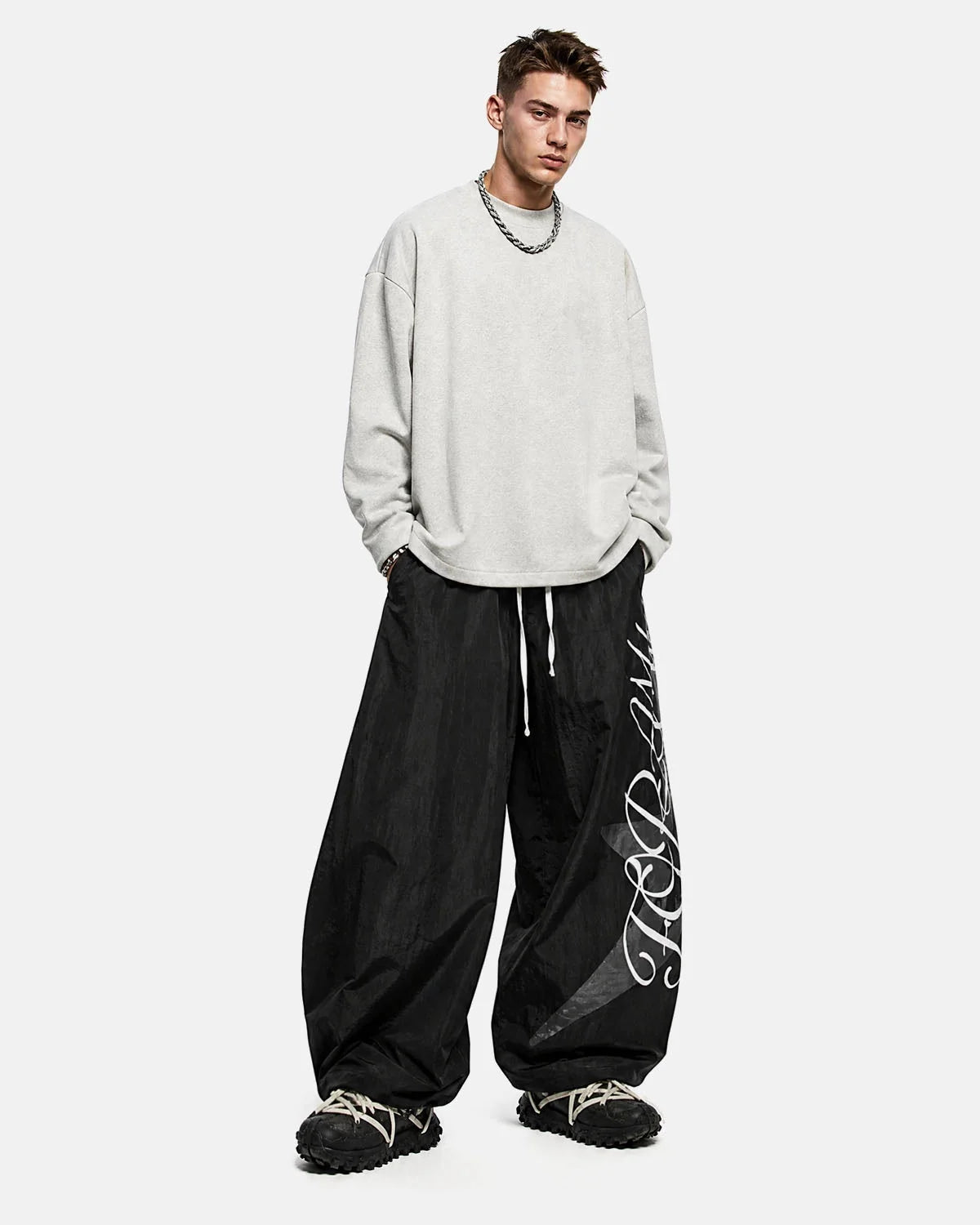 Omygoods Crinkle Nylon Barrel Track Pants