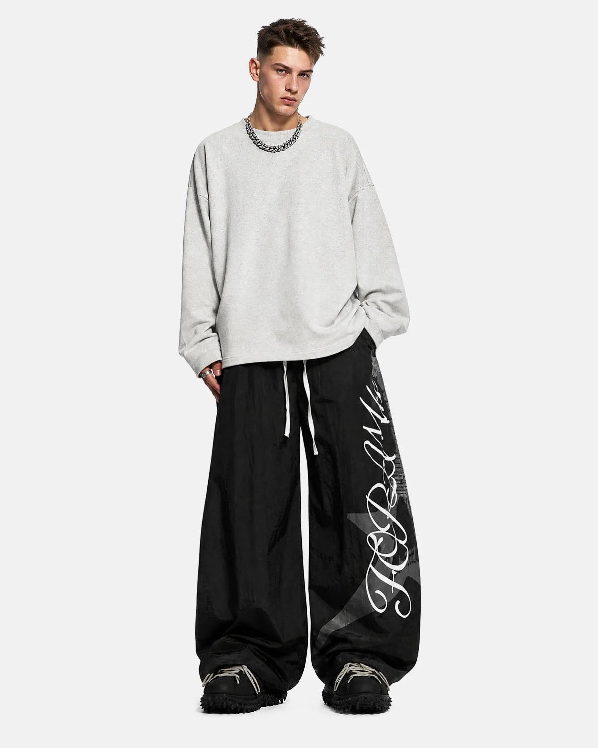 Omygoods Crinkle Nylon Barrel Track Pants