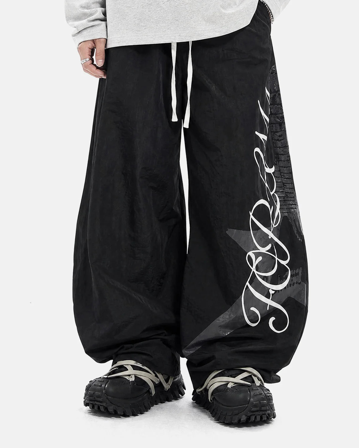 Omygoods Crinkle Nylon Barrel Track Pants