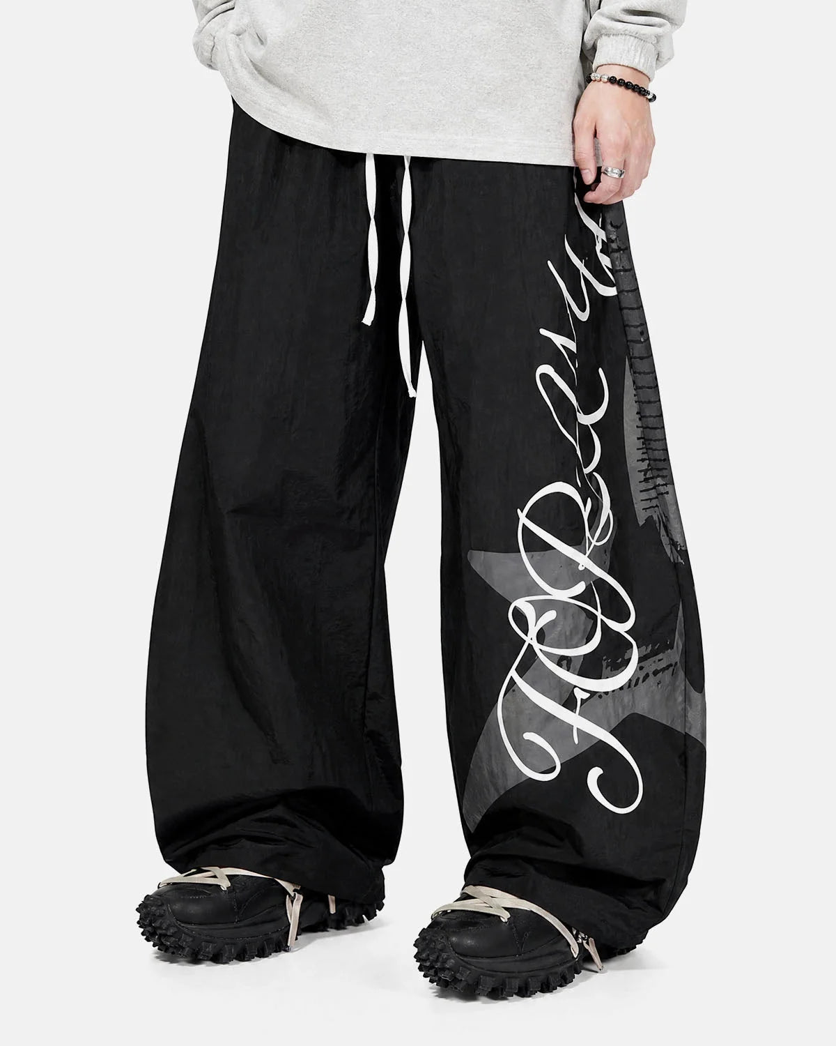 Omygoods Crinkle Nylon Barrel Track Pants