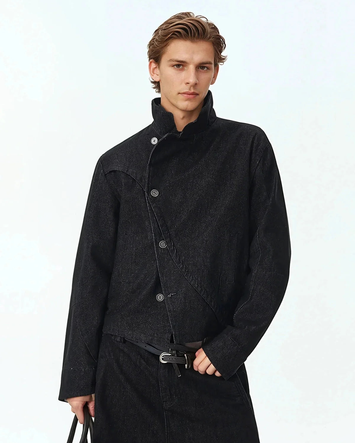Omygoods Cropped Asymmetric Button Denim Jacket