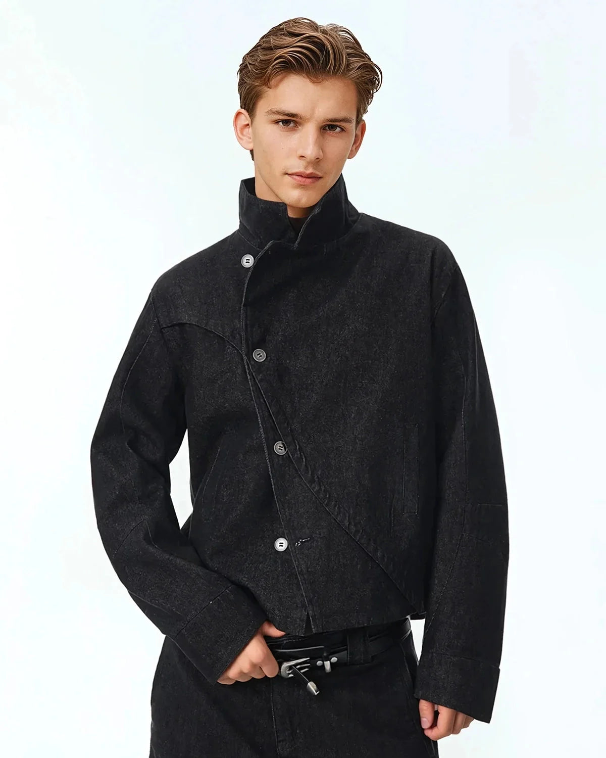 Omygoods Cropped Asymmetric Button Denim Jacket