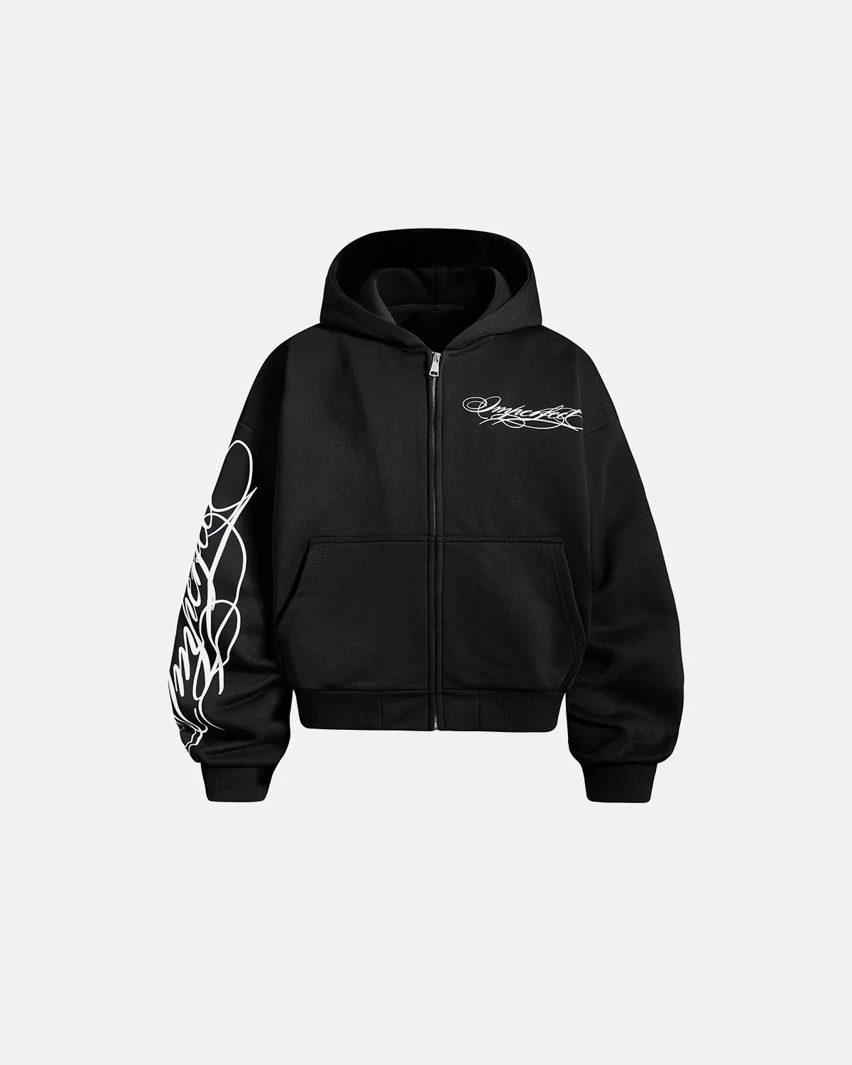 Omygoods Cropped Script Zip Hoodie Oversized