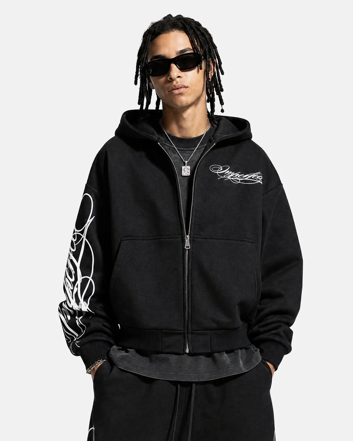 Omygoods Cropped Script Zip Hoodie Oversized