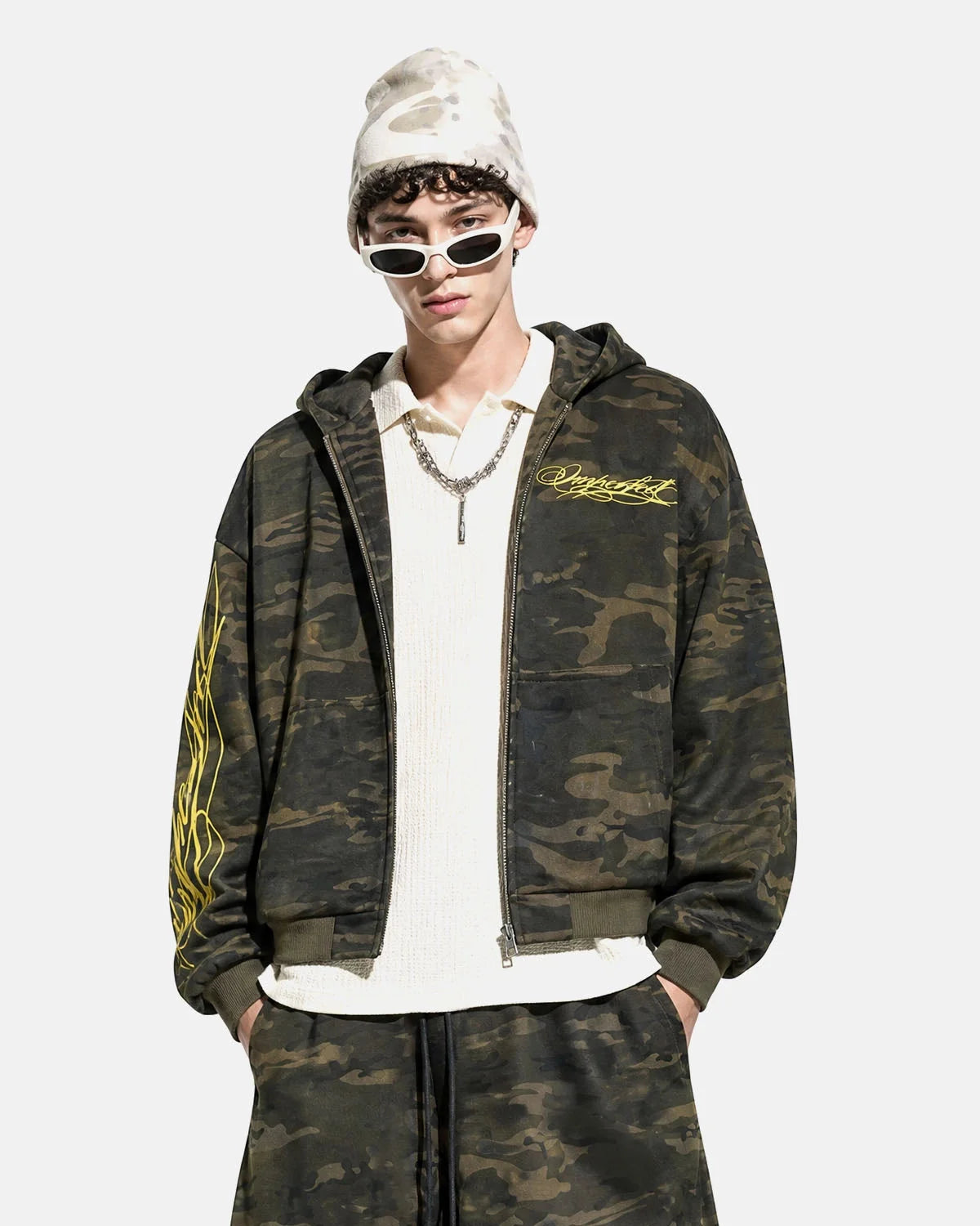 Omygoods Cropped Script Zip Hoodie Oversized