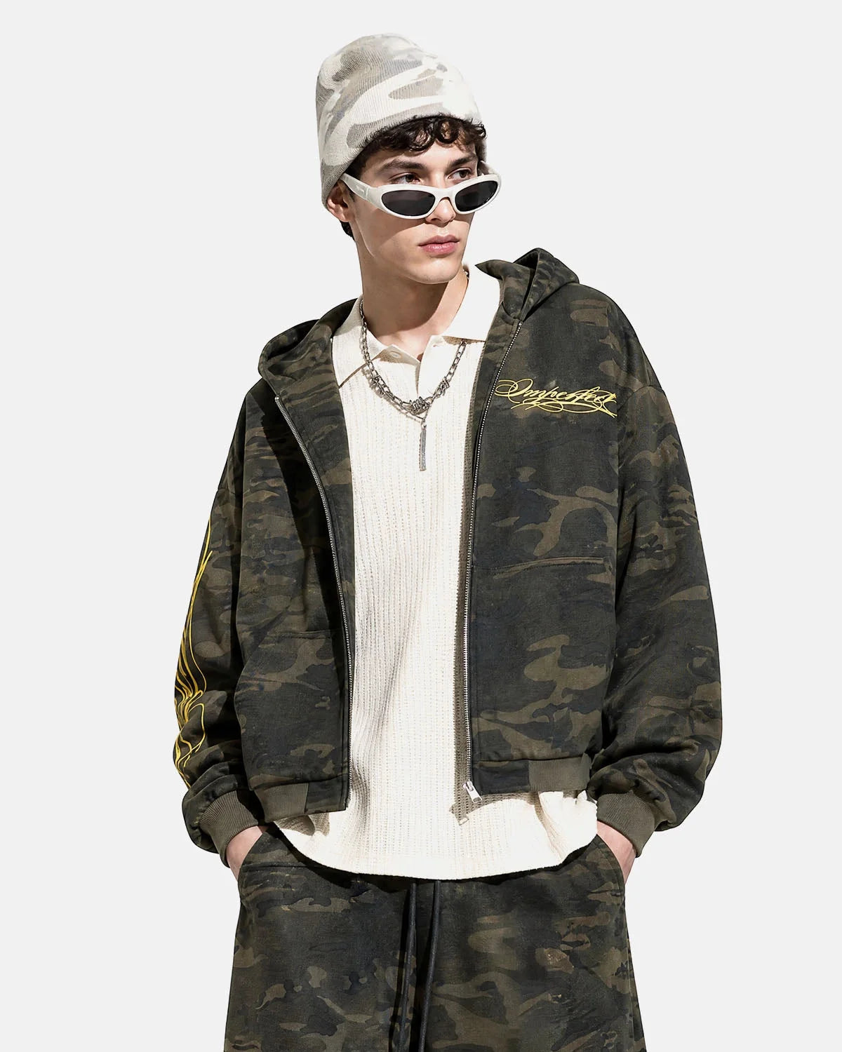 Omygoods Cropped Script Zip Hoodie Oversized