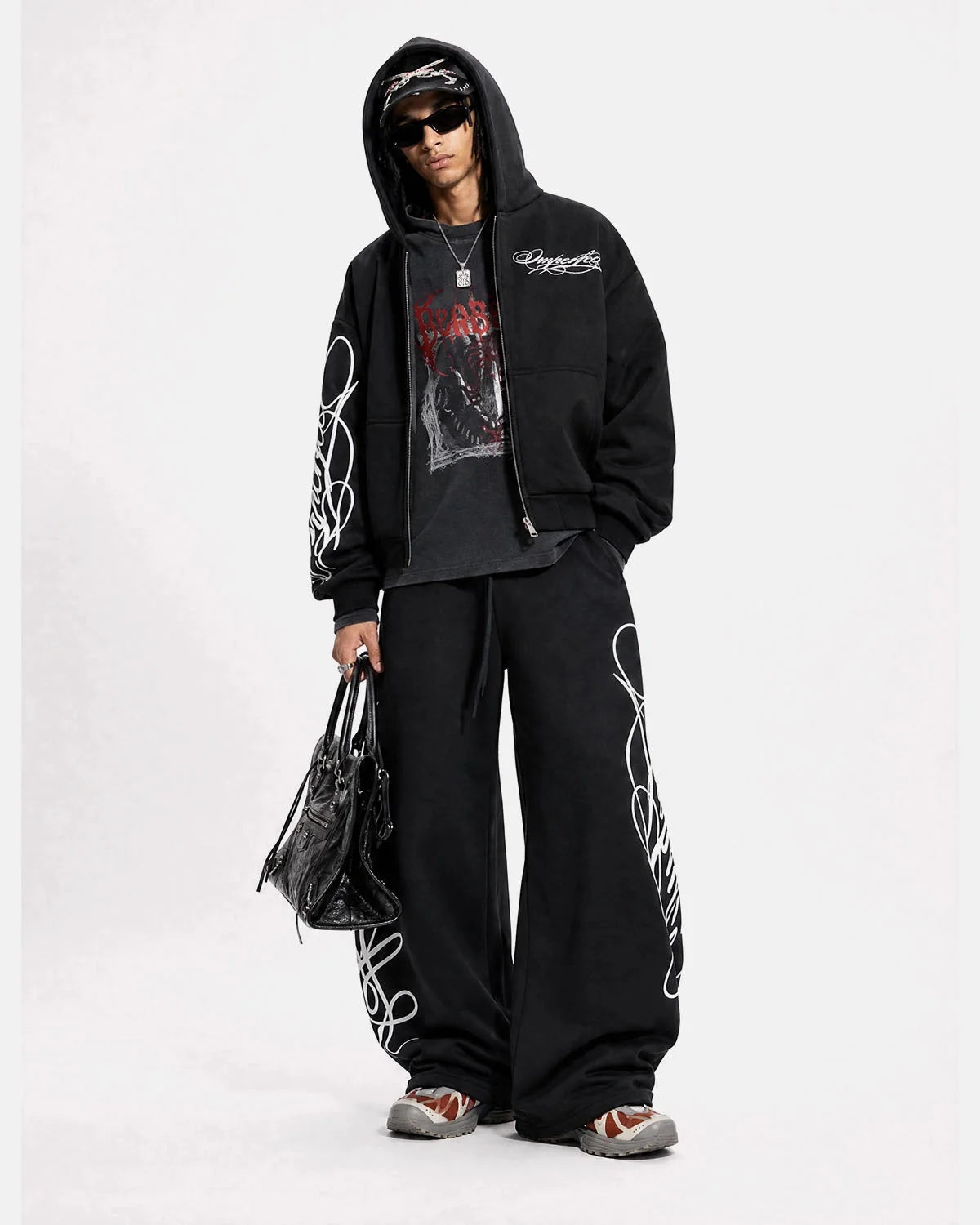 Omygoods Cropped Script Zip Hoodie Oversized