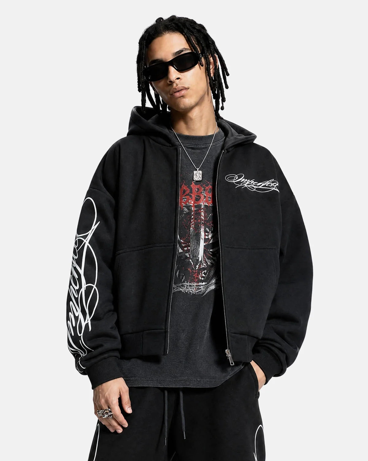 Omygoods Cropped Script Zip Hoodie Oversized