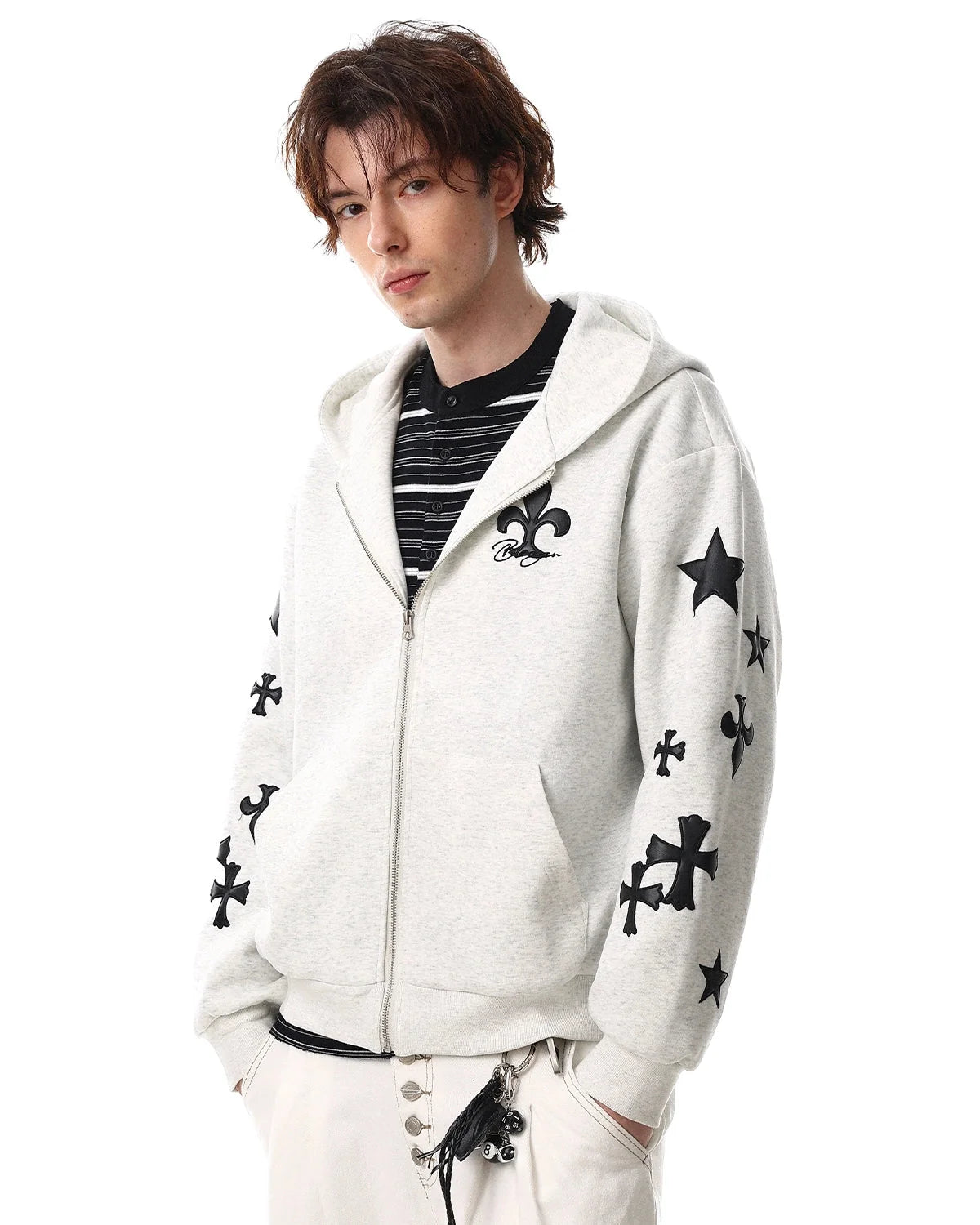 Omygoods Cross PU Patch Embroidery Zip Up Hoodie