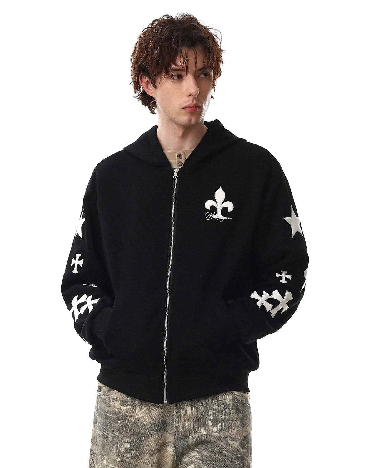 Omygoods Cross PU Patch Embroidery Zip Up Hoodie