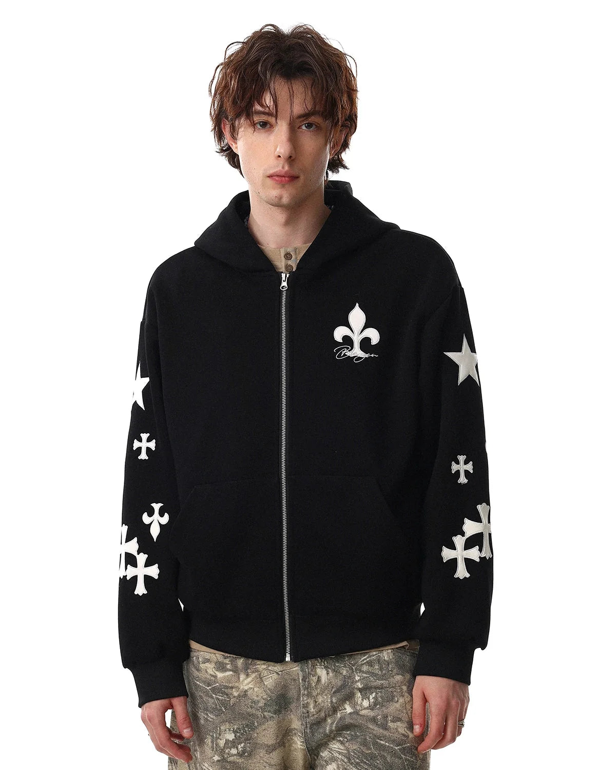 Omygoods Cross PU Patch Embroidery Zip Up Hoodie