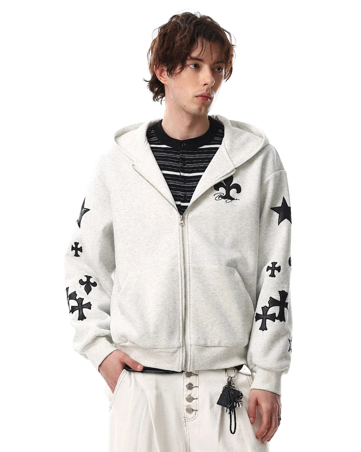 Omygoods Cross PU Patch Embroidery Zip Up Hoodie