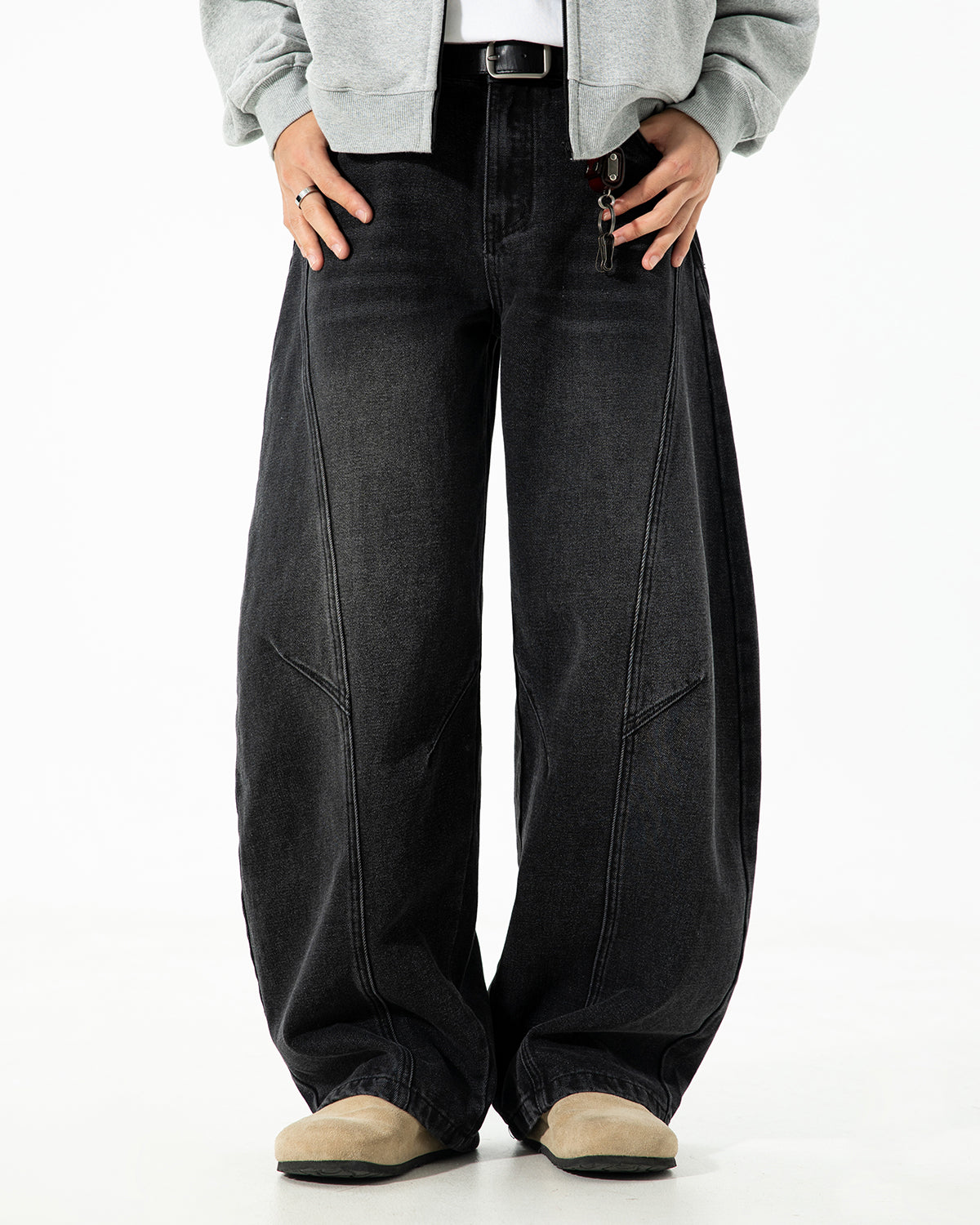 Omygoods Curved Seam Deconstructed Barrel Jeans