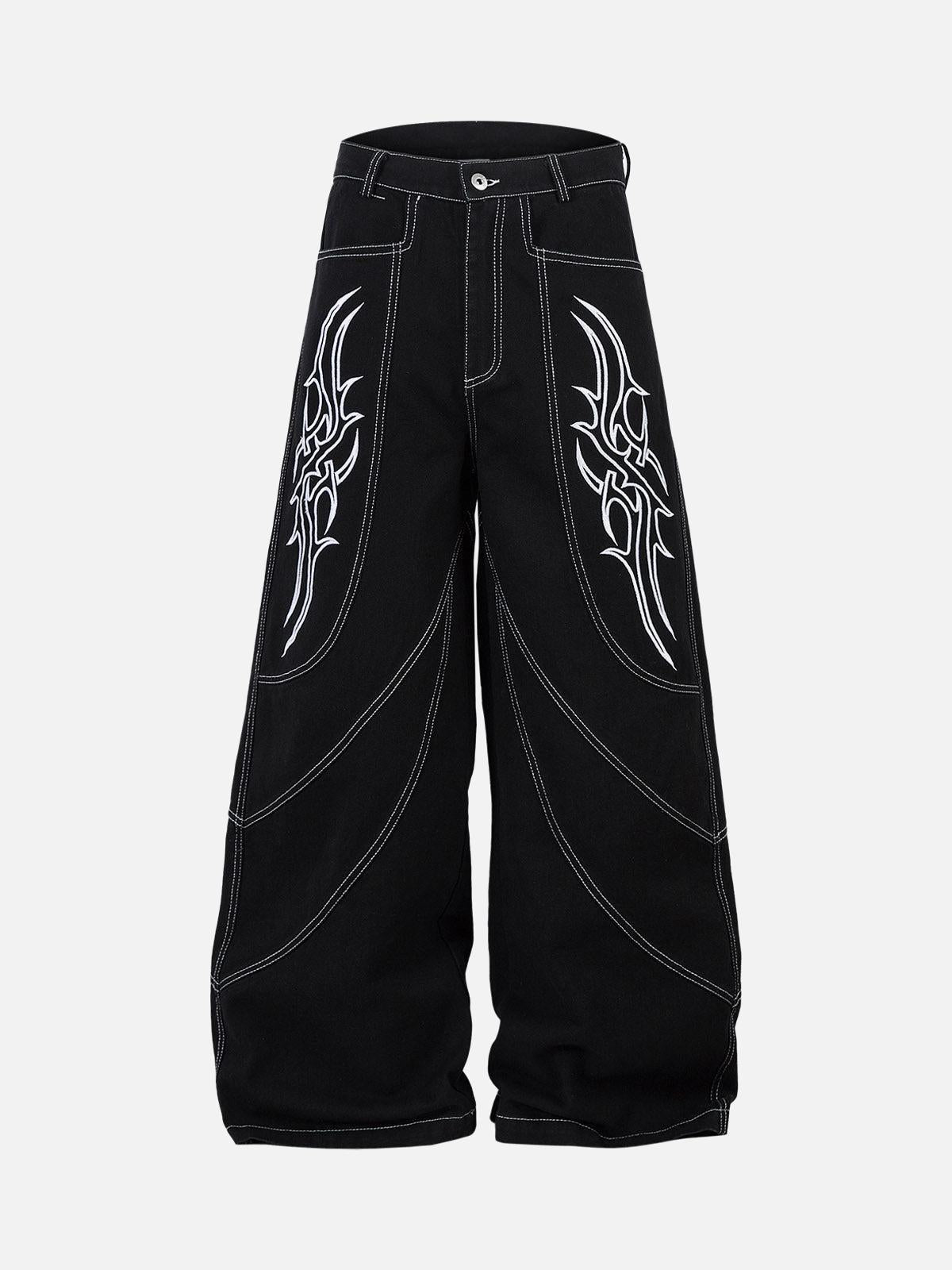 Omygoods Deconstructed Contrast Embroidered Baggy Jeans
