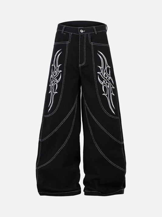 Omygoods Deconstructed Contrast Embroidered Baggy Jeans