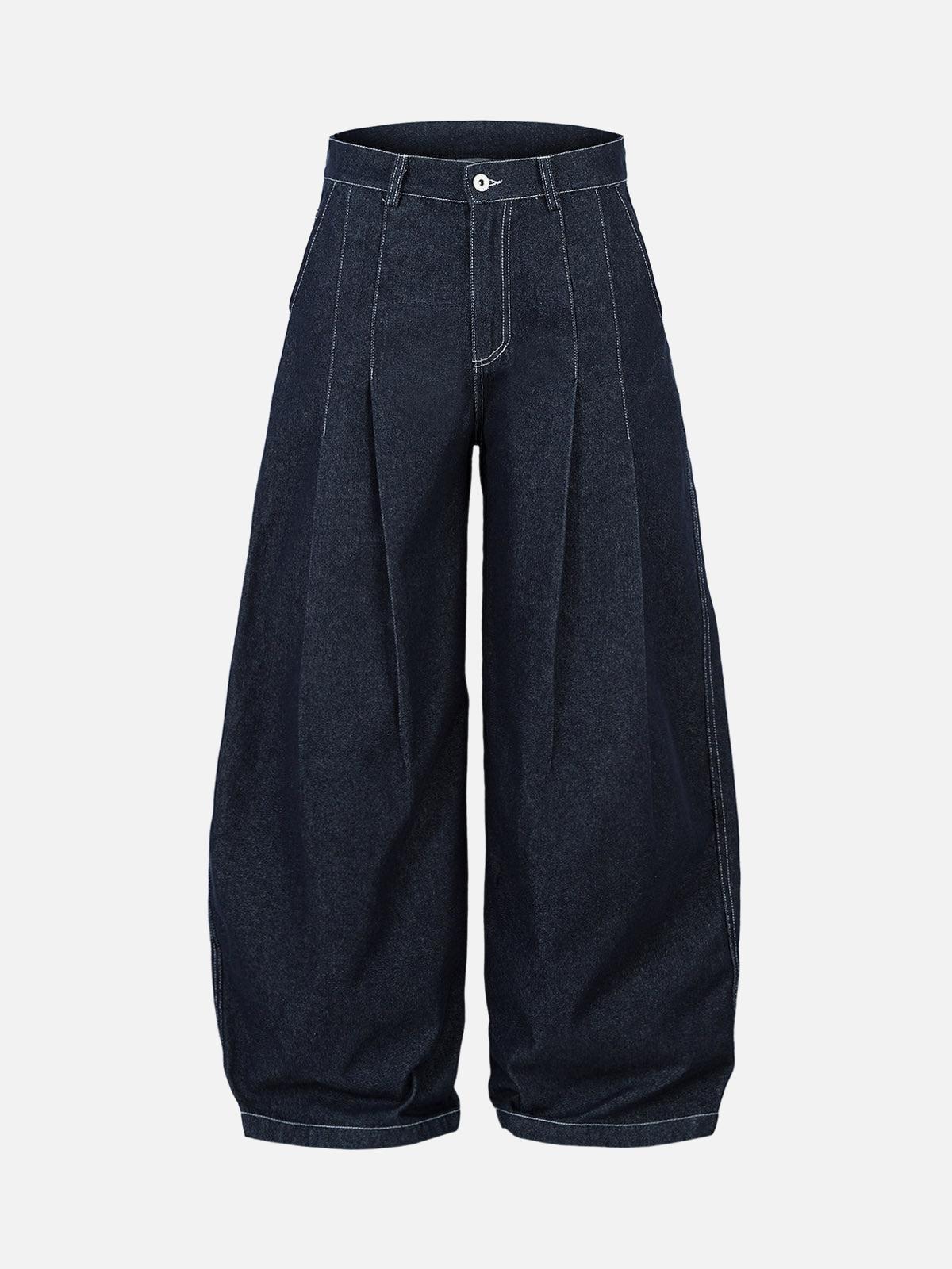 Omygoods Deconstructed Contrast Stitching Pleated Baggy Barrel Jeans