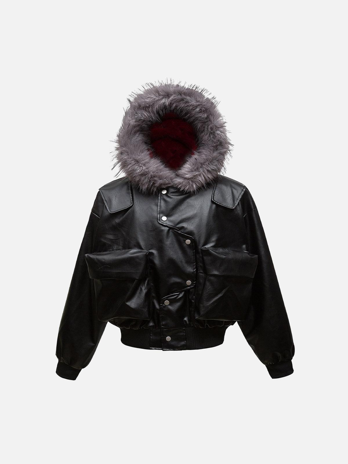 Omygoods Deconstructed Multi Pocket Fur Hooded PU Leather Jacket