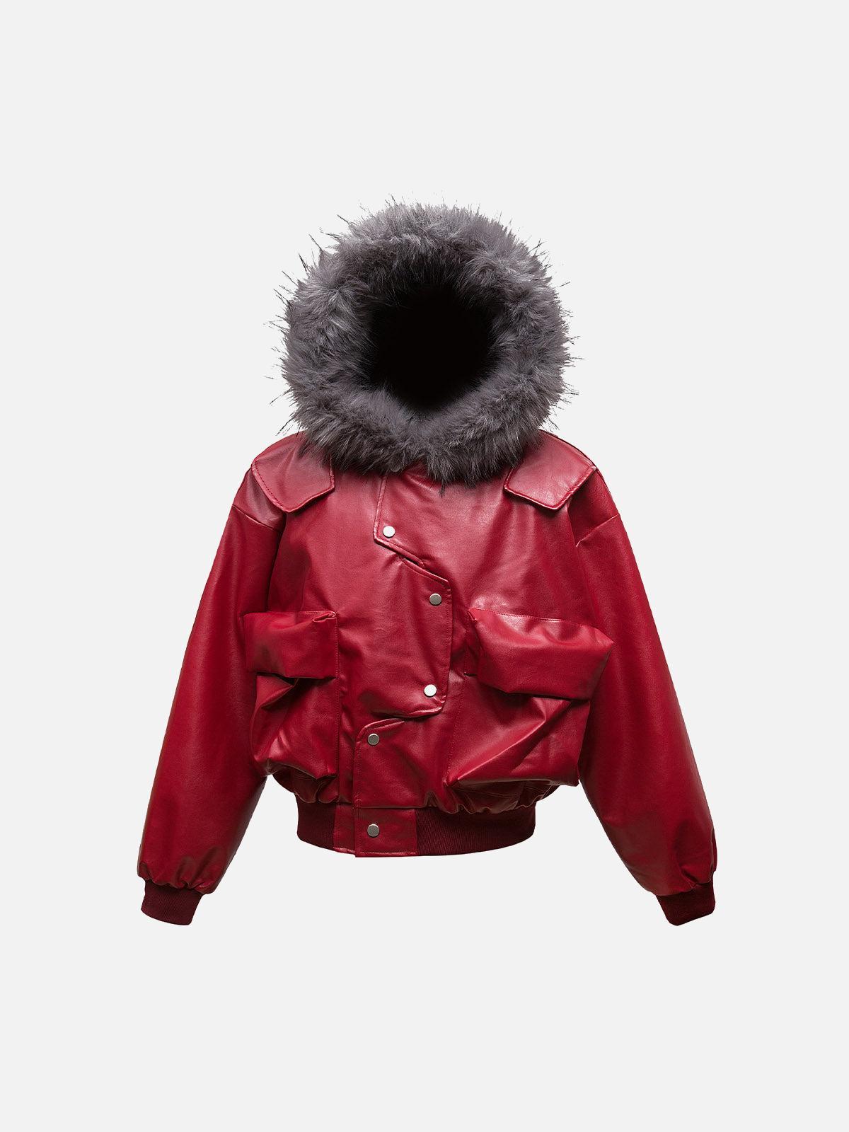 Omygoods Deconstructed Multi Pocket Fur Hooded PU Leather Jacket