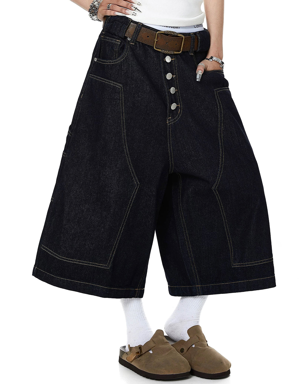 Omygoods Deconstructed Wide Leg Longline Jorts