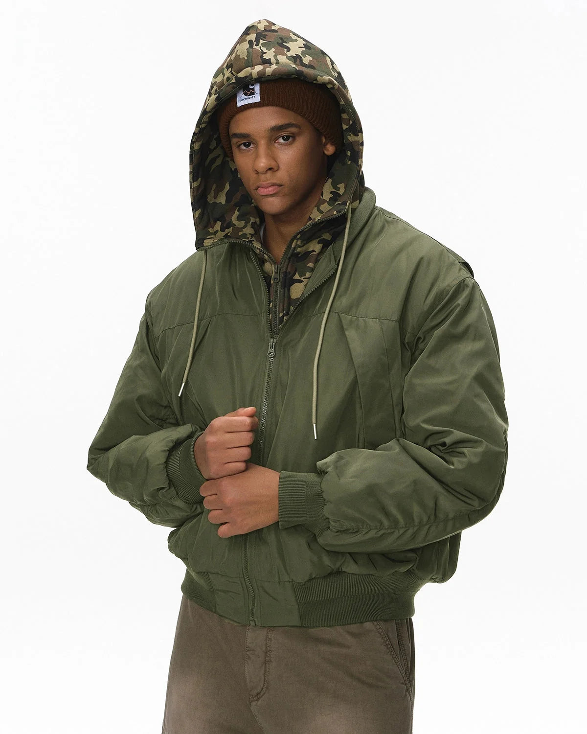 Omygoods Detachable Layered Camo Bomber Jacket