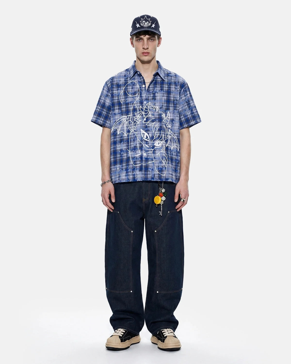 Omygoods Devil Embroidered Plaid Shirt