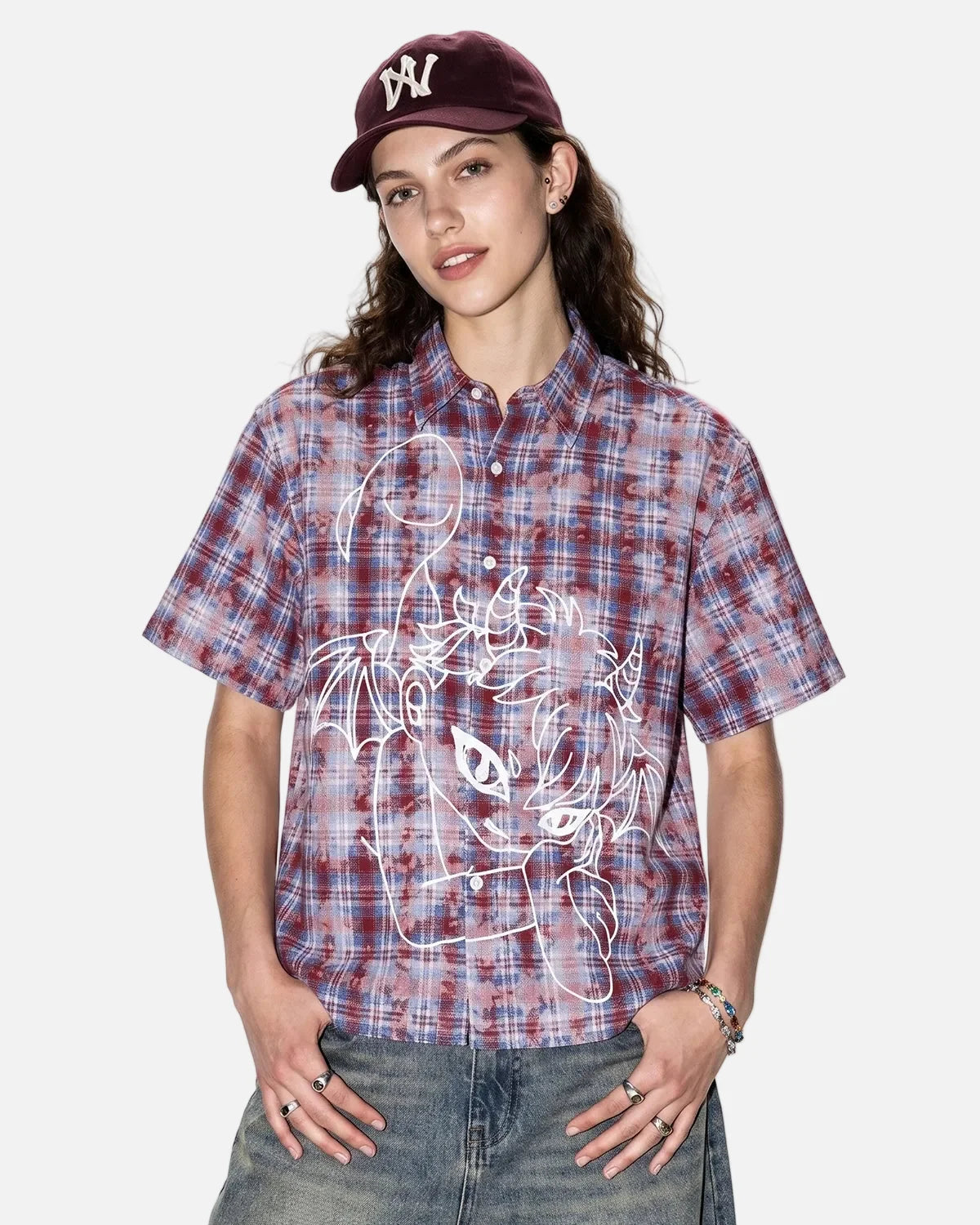 Omygoods Devil Embroidered Plaid Shirt