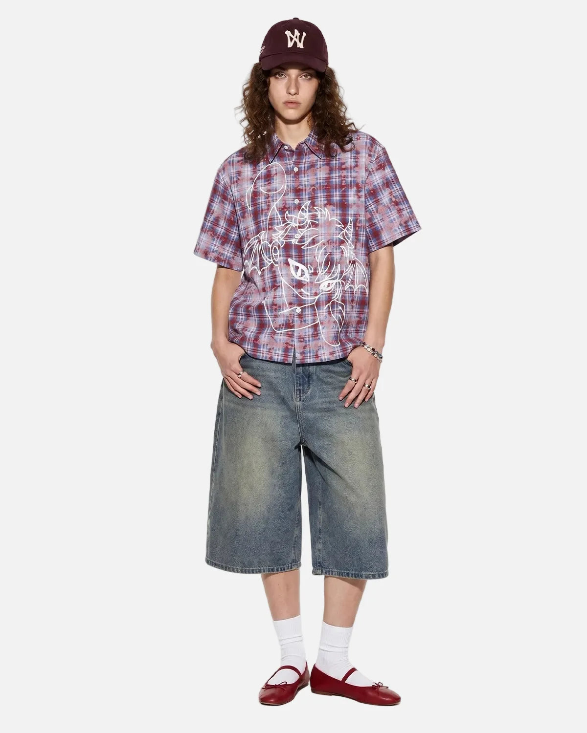 Omygoods Devil Embroidered Plaid Shirt