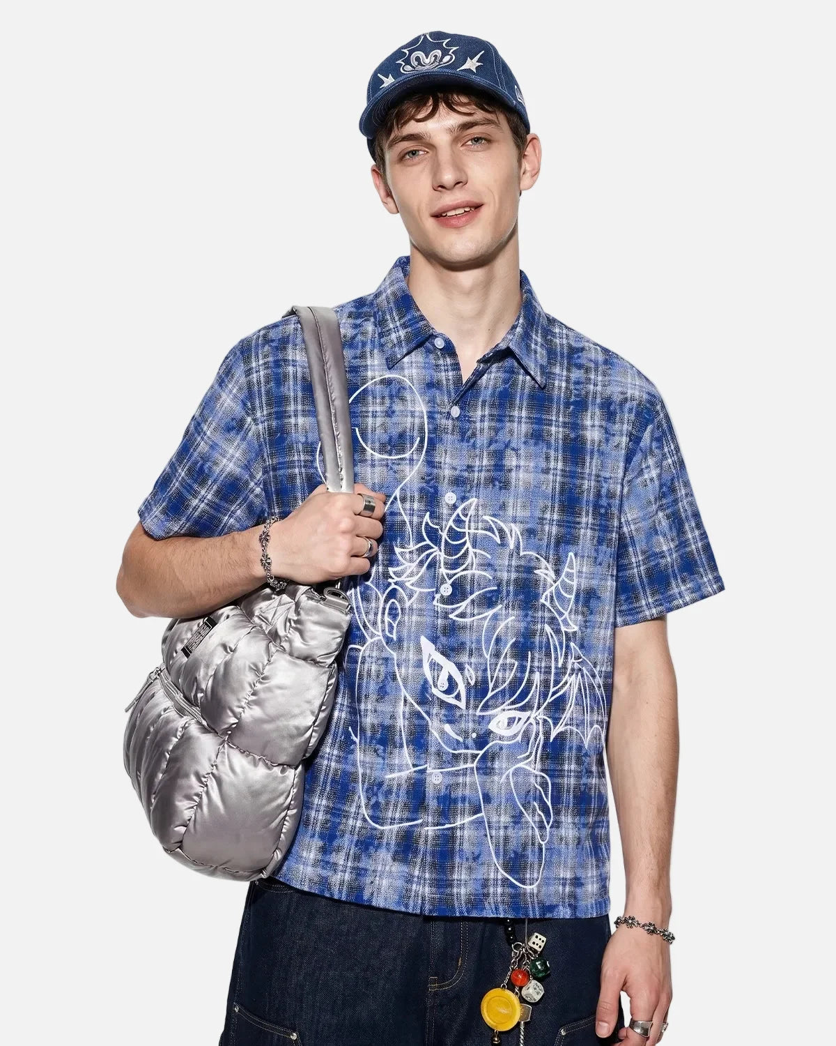 Omygoods Devil Embroidered Plaid Shirt