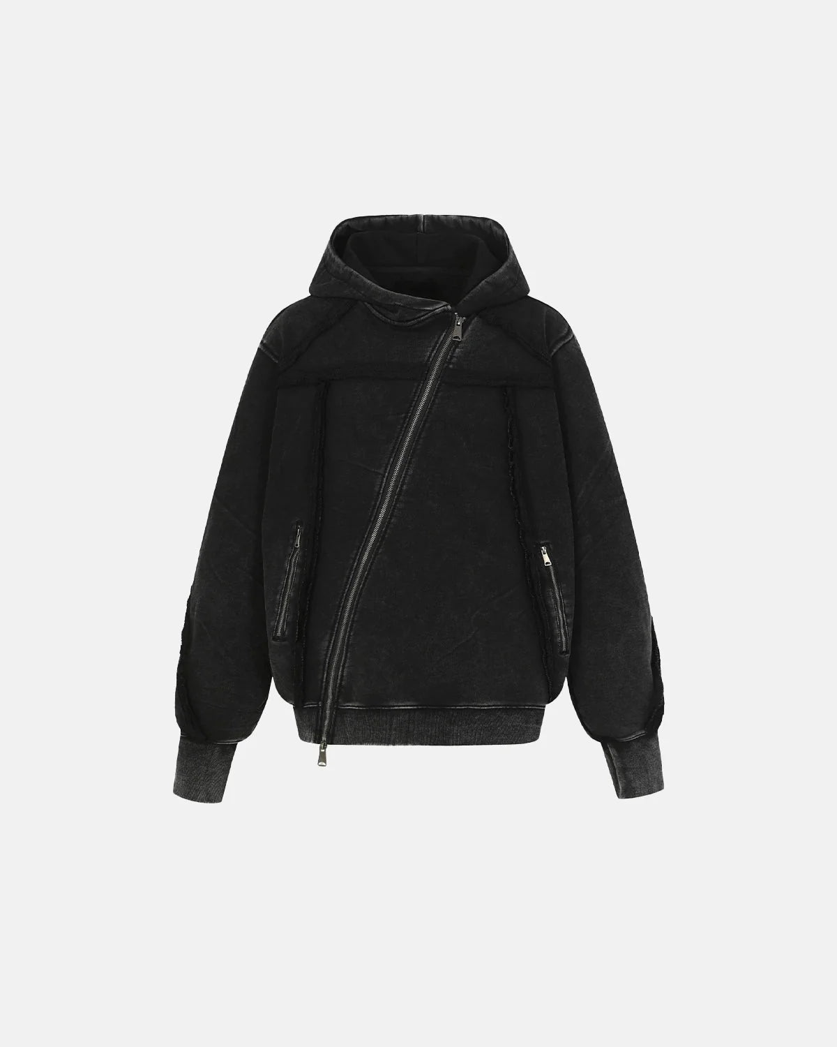 Omygoods Washed Boxy Asymmetric Zip Up Hoodie