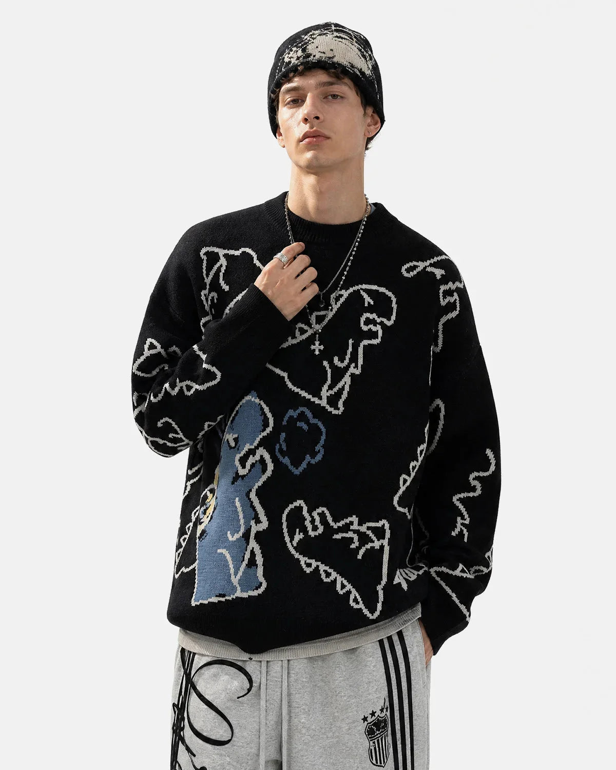 Omygoods Dinosaur Graphic Crew Neck Knit Sweater