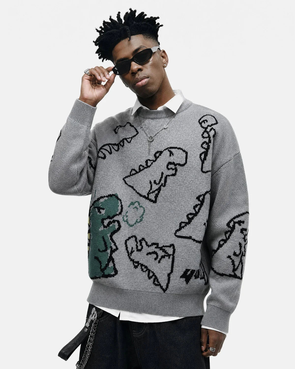 Omygoods Dinosaur Graphic Crew Neck Knit Sweater