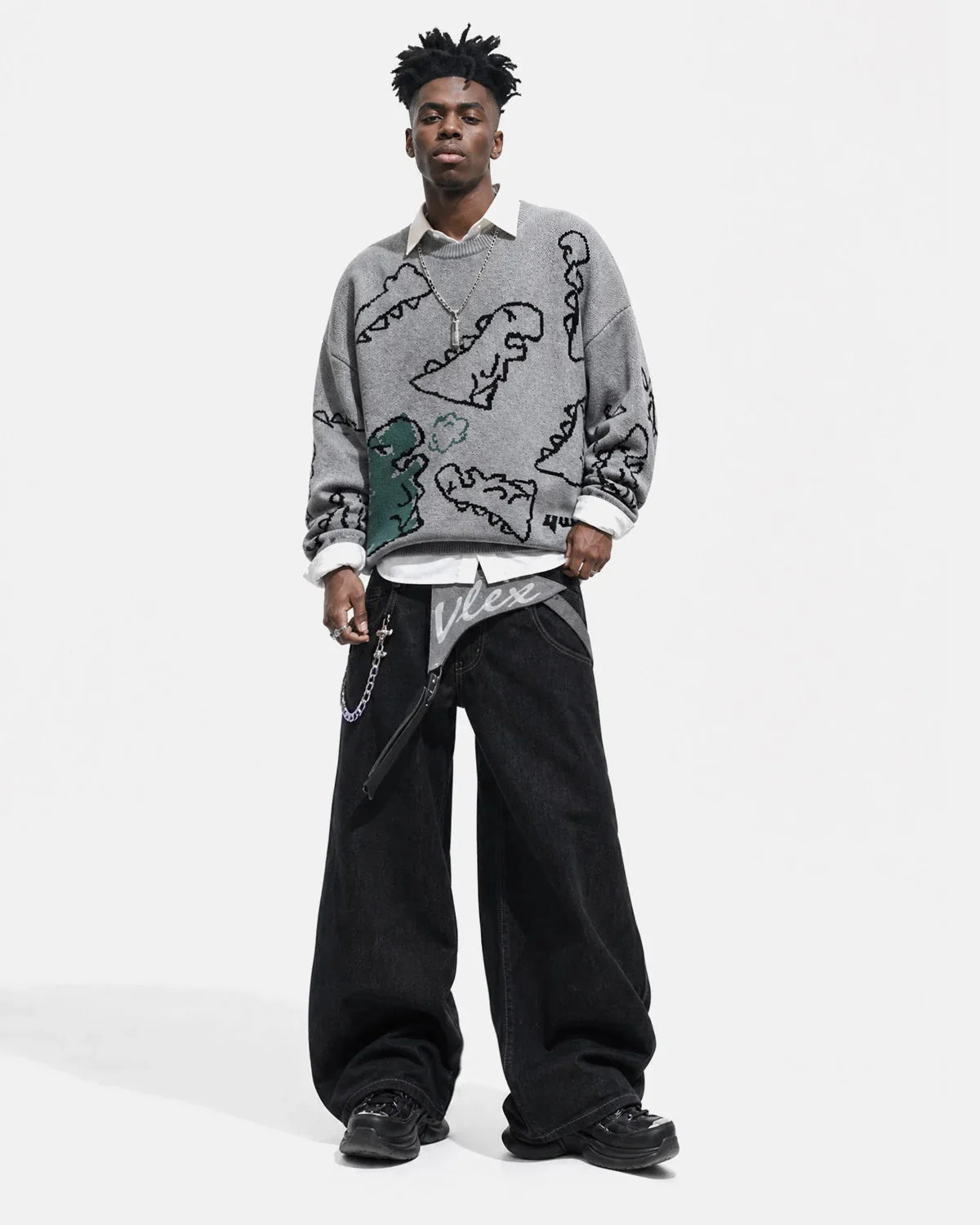 Omygoods Dinosaur Graphic Crew Neck Knit Sweater