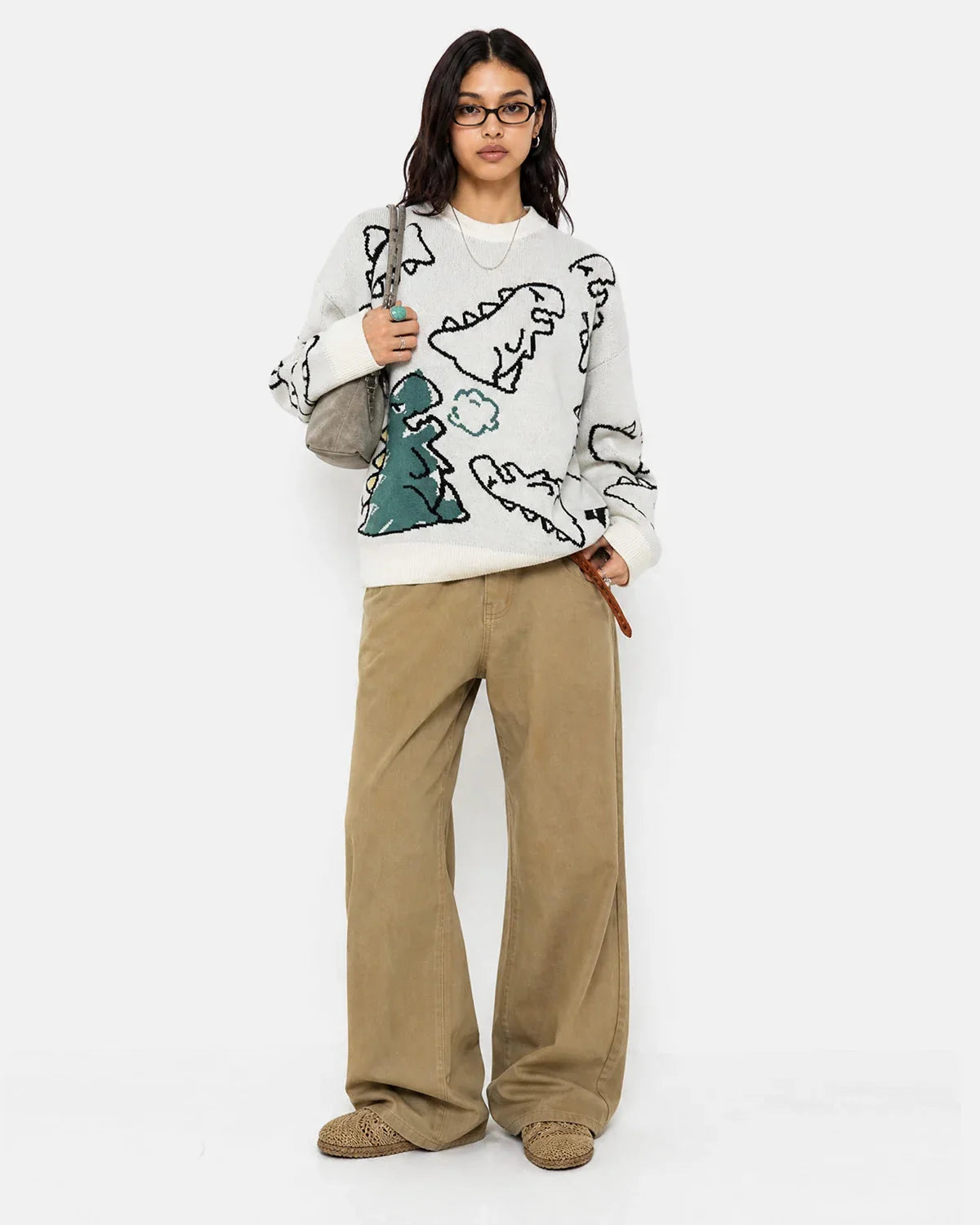 Omygoods Dinosaur Graphic Crew Neck Knit Sweater