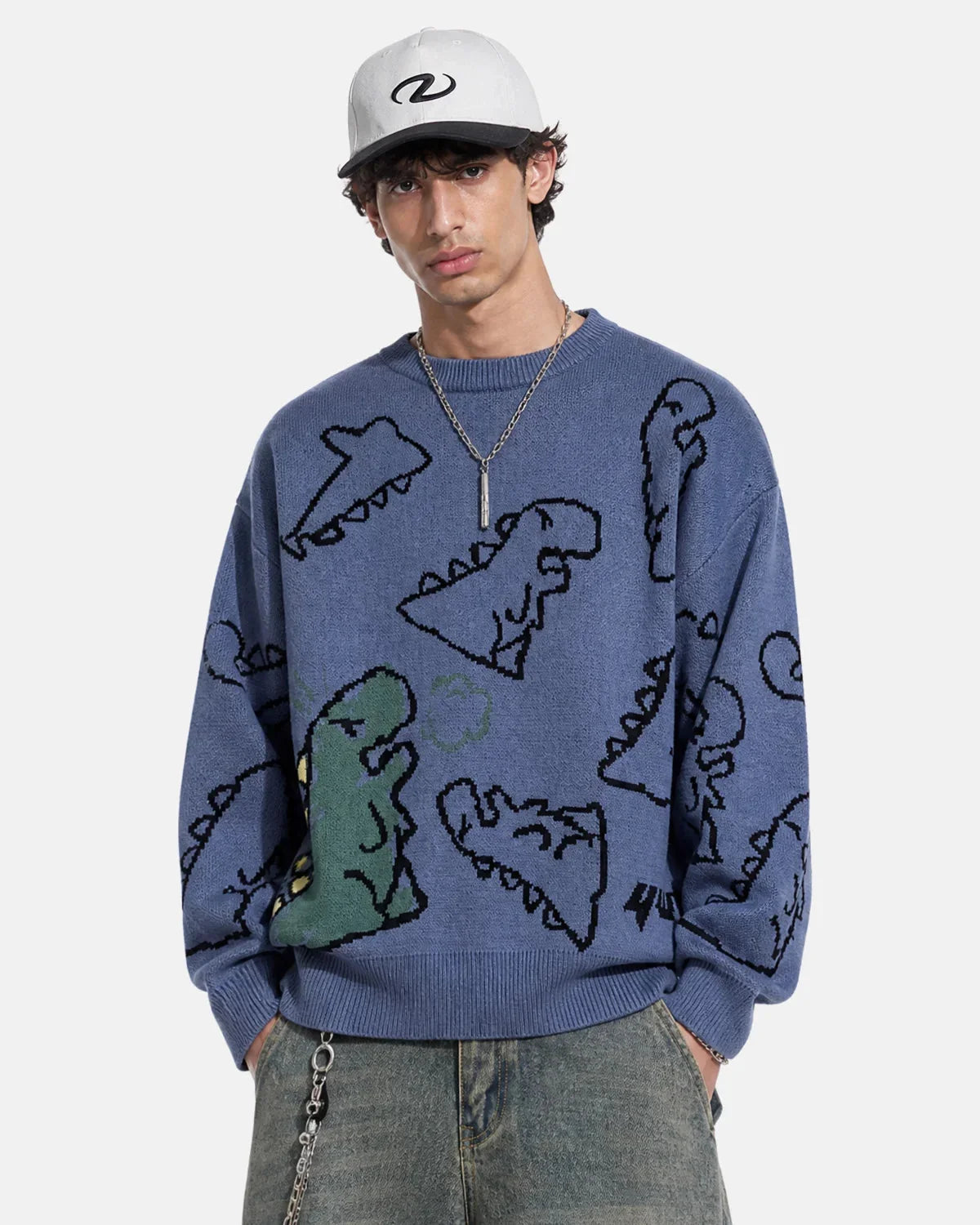 Omygoods Dinosaur Graphic Crew Neck Knit Sweater