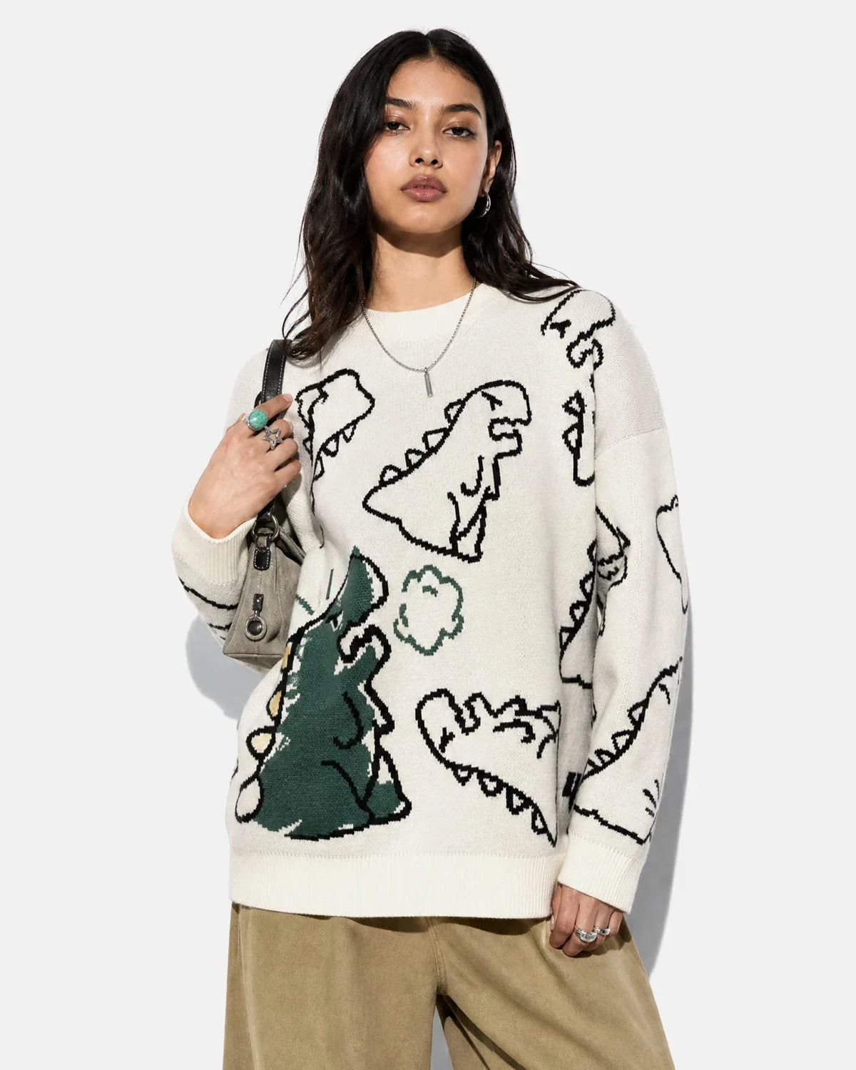 Omygoods Dinosaur Graphic Crew Neck Knit Sweater