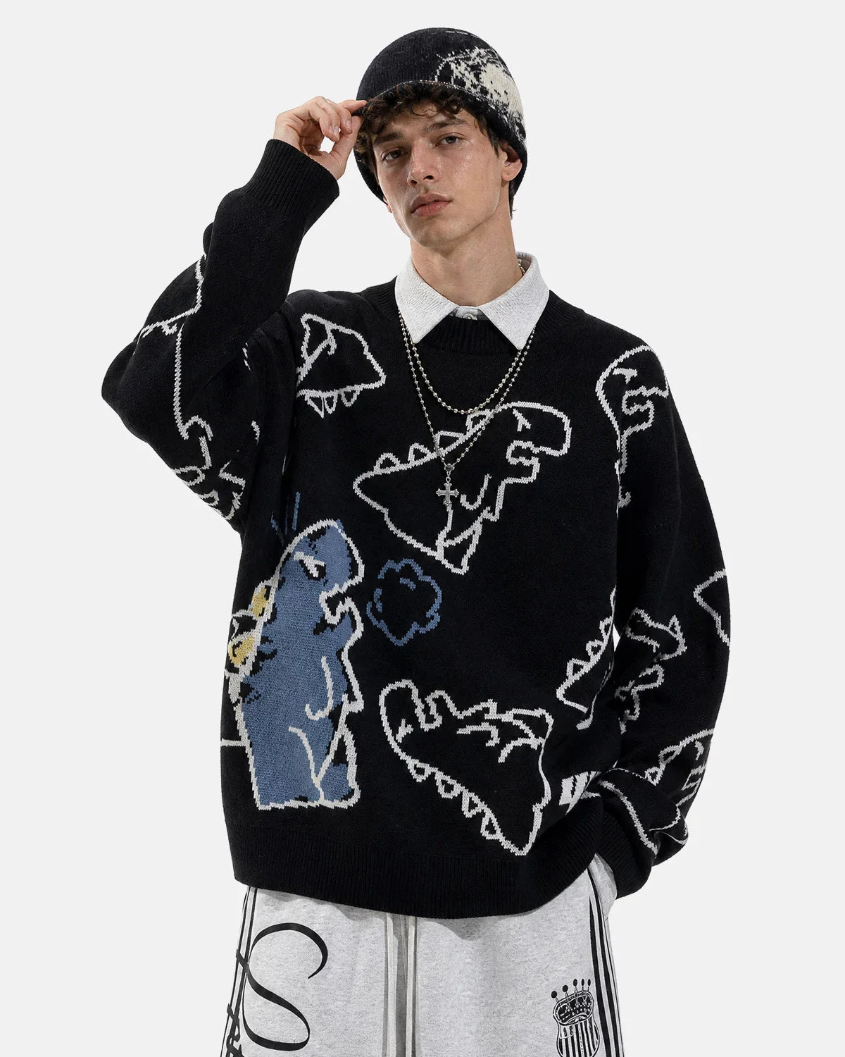 Omygoods Dinosaur Graphic Crew Neck Knit Sweater