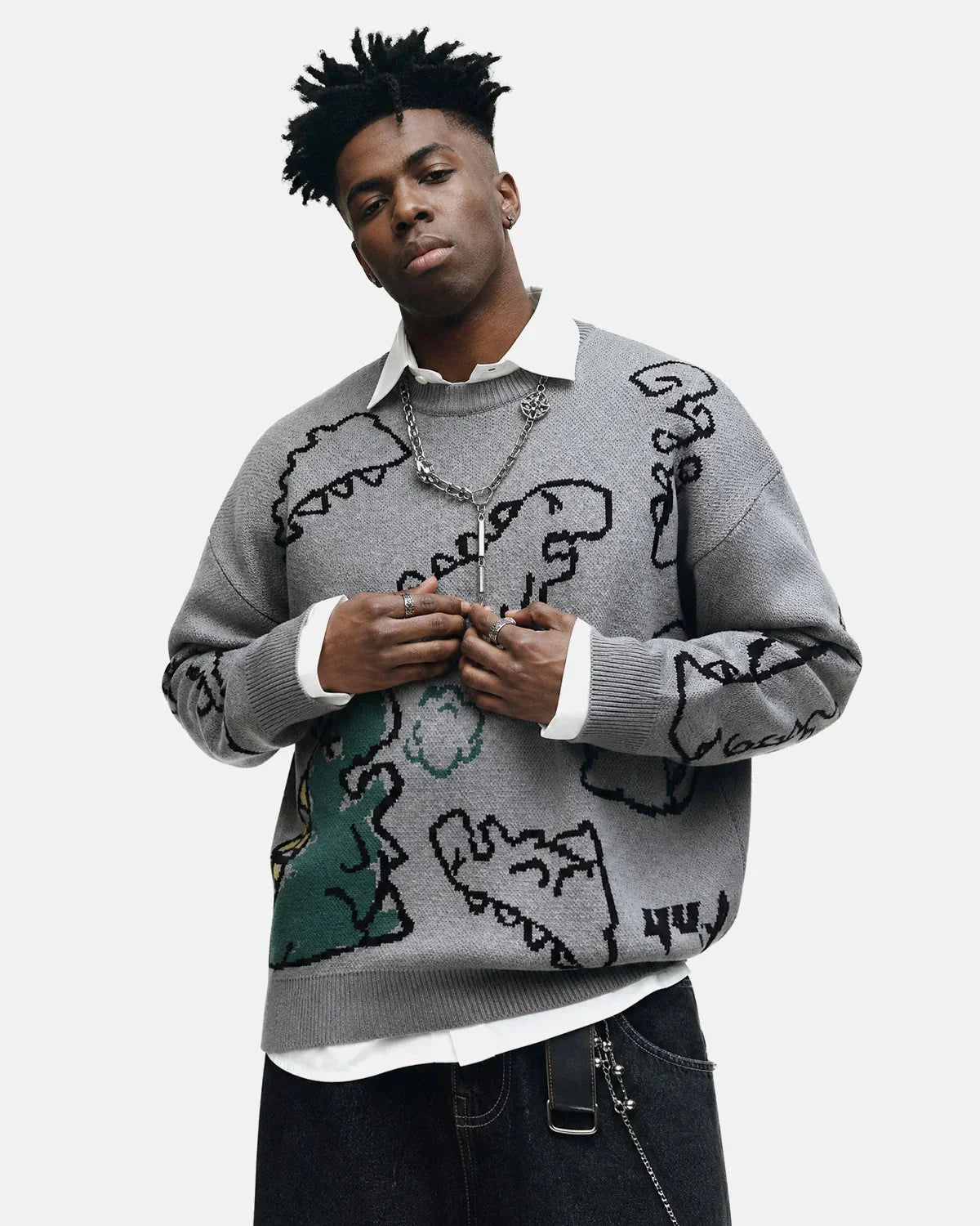 Omygoods Dinosaur Graphic Crew Neck Knit Sweater
