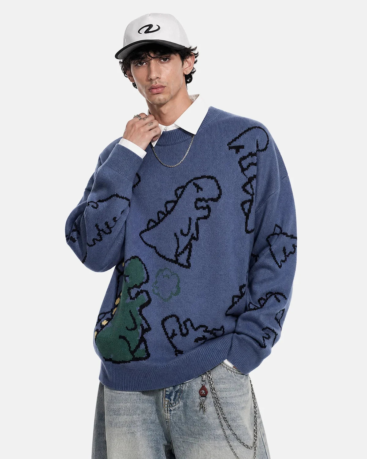 Omygoods Dinosaur Graphic Crew Neck Knit Sweater