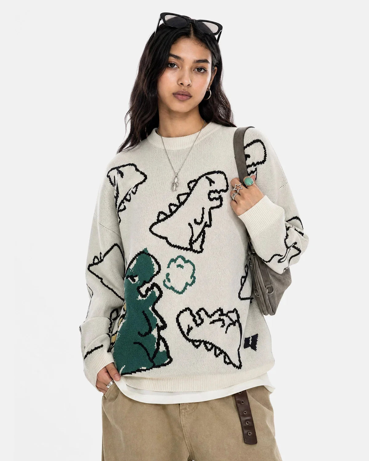 Omygoods Dinosaur Graphic Crew Neck Knit Sweater