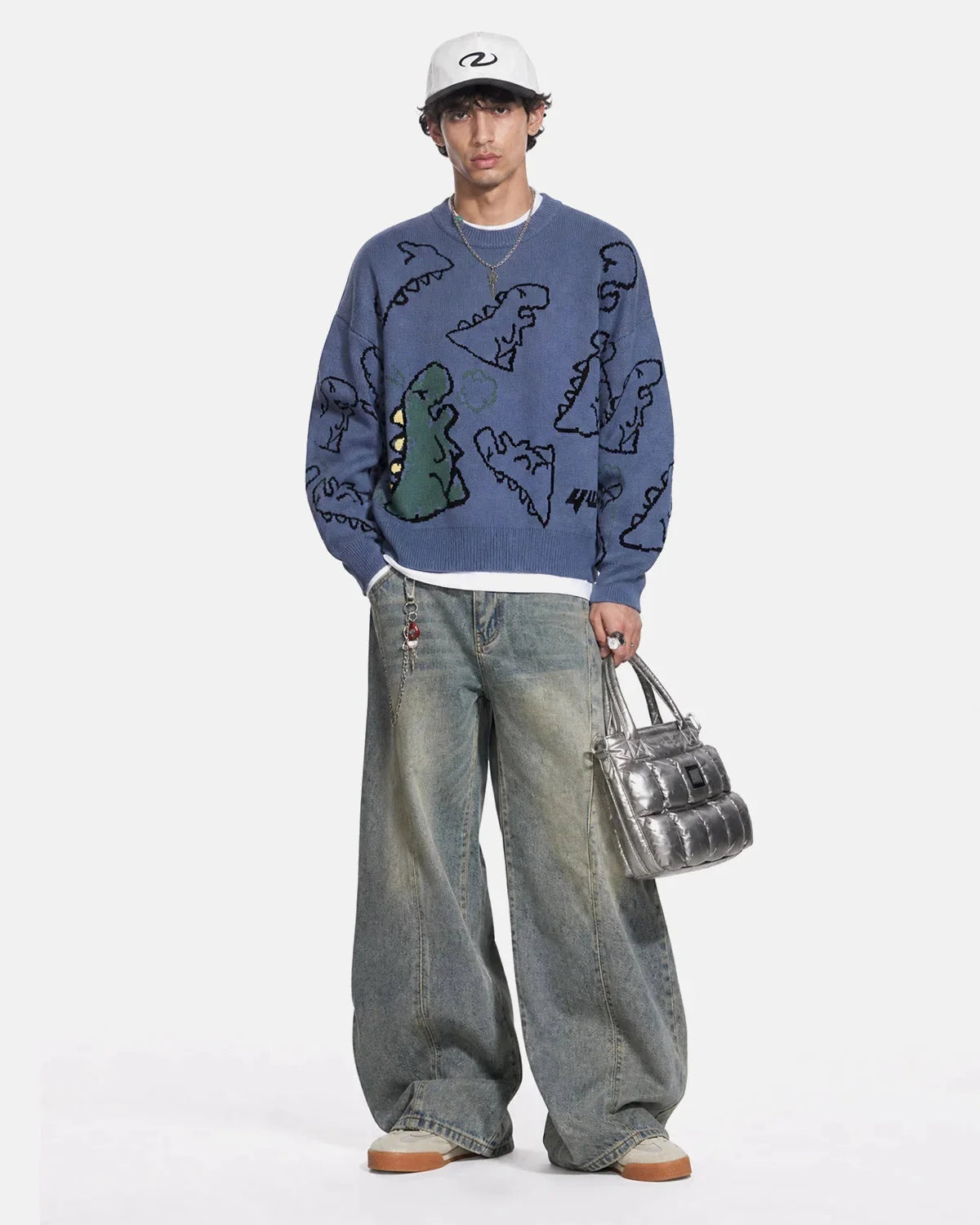 Omygoods Dinosaur Graphic Crew Neck Knit Sweater
