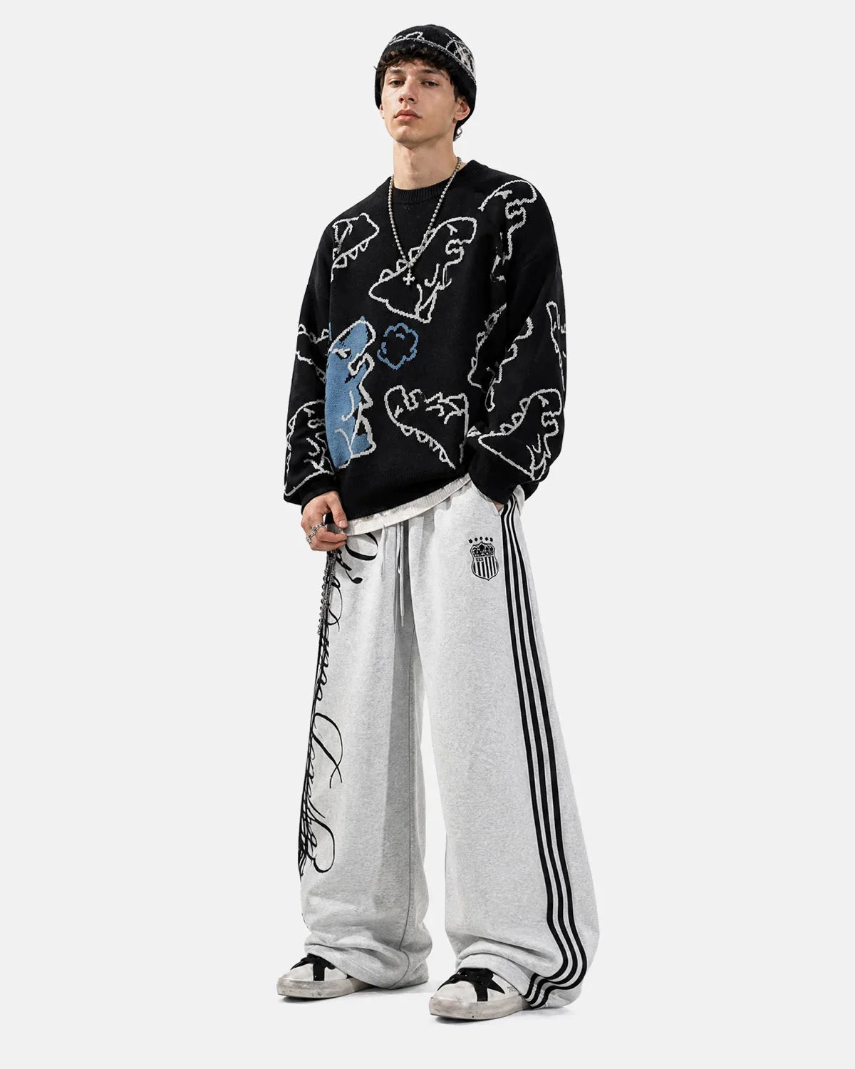 Omygoods Dinosaur Graphic Crew Neck Knit Sweater