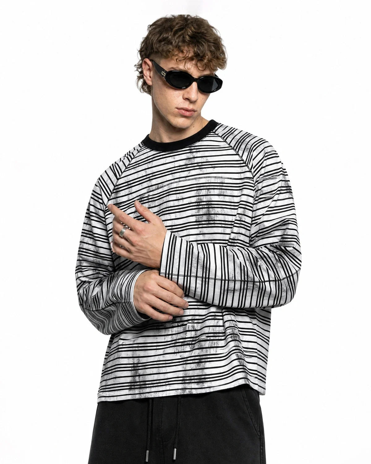 Omygoods Dirty Dye Stripe Raglan Long Sleeve Tee