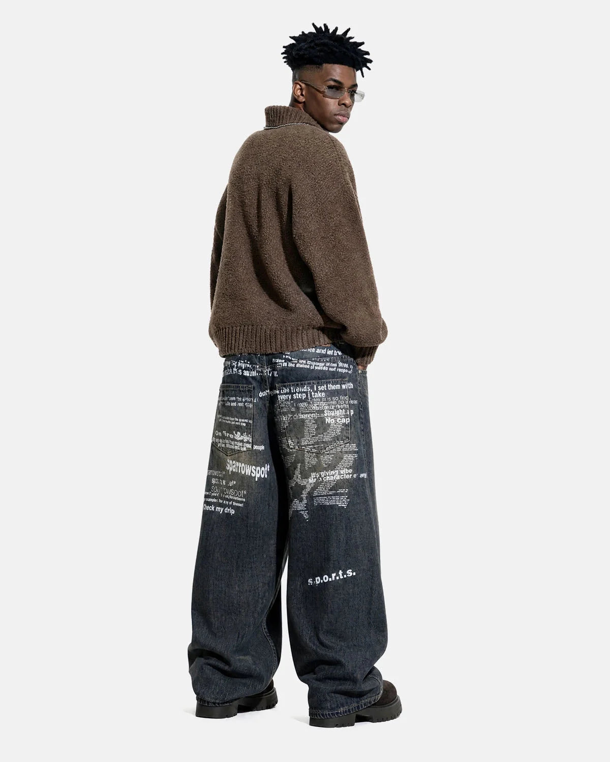 Omygoods Dirty Wash Graphic Wide Leg Jeans