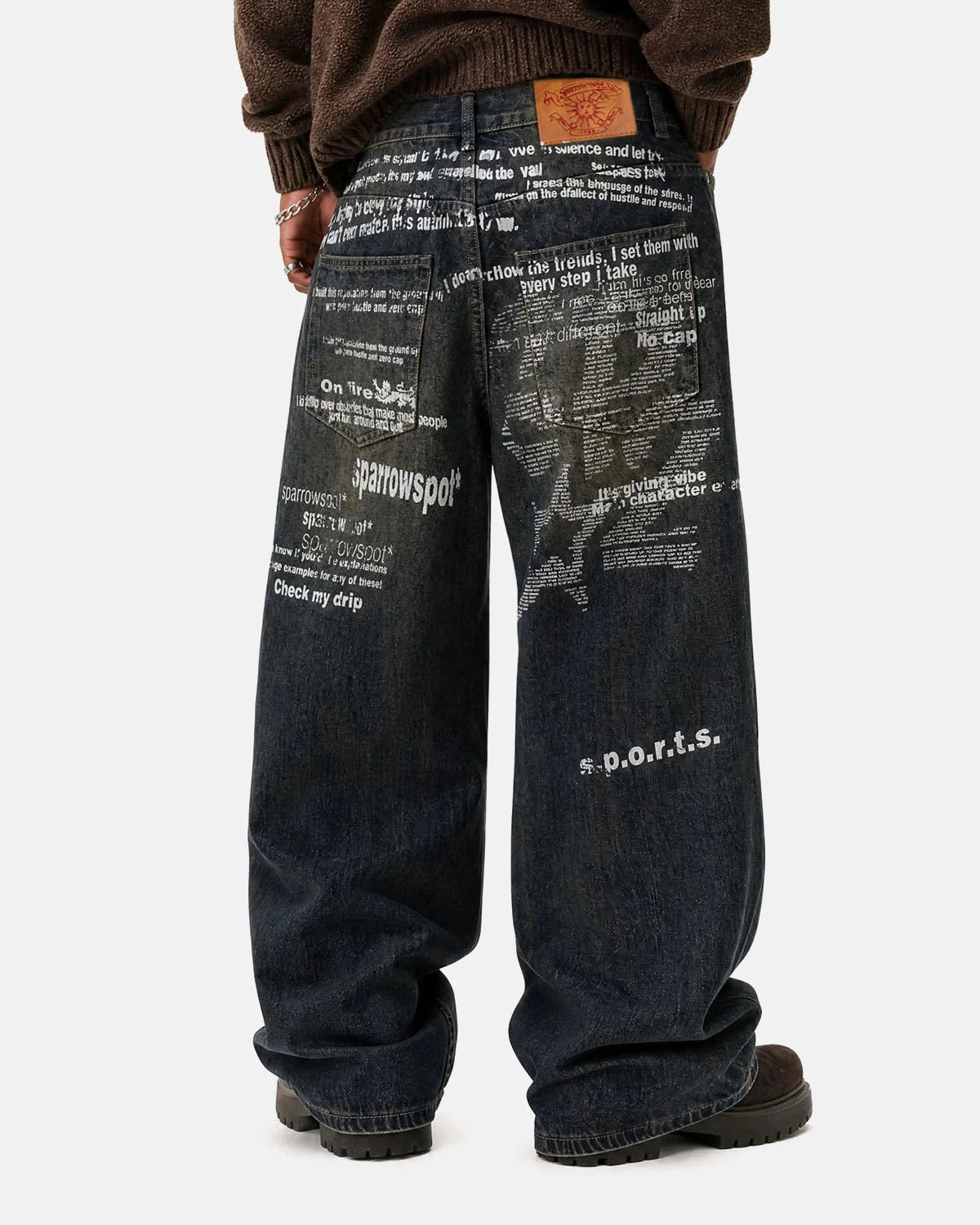 Omygoods Dirty Wash Graphic Wide Leg Jeans