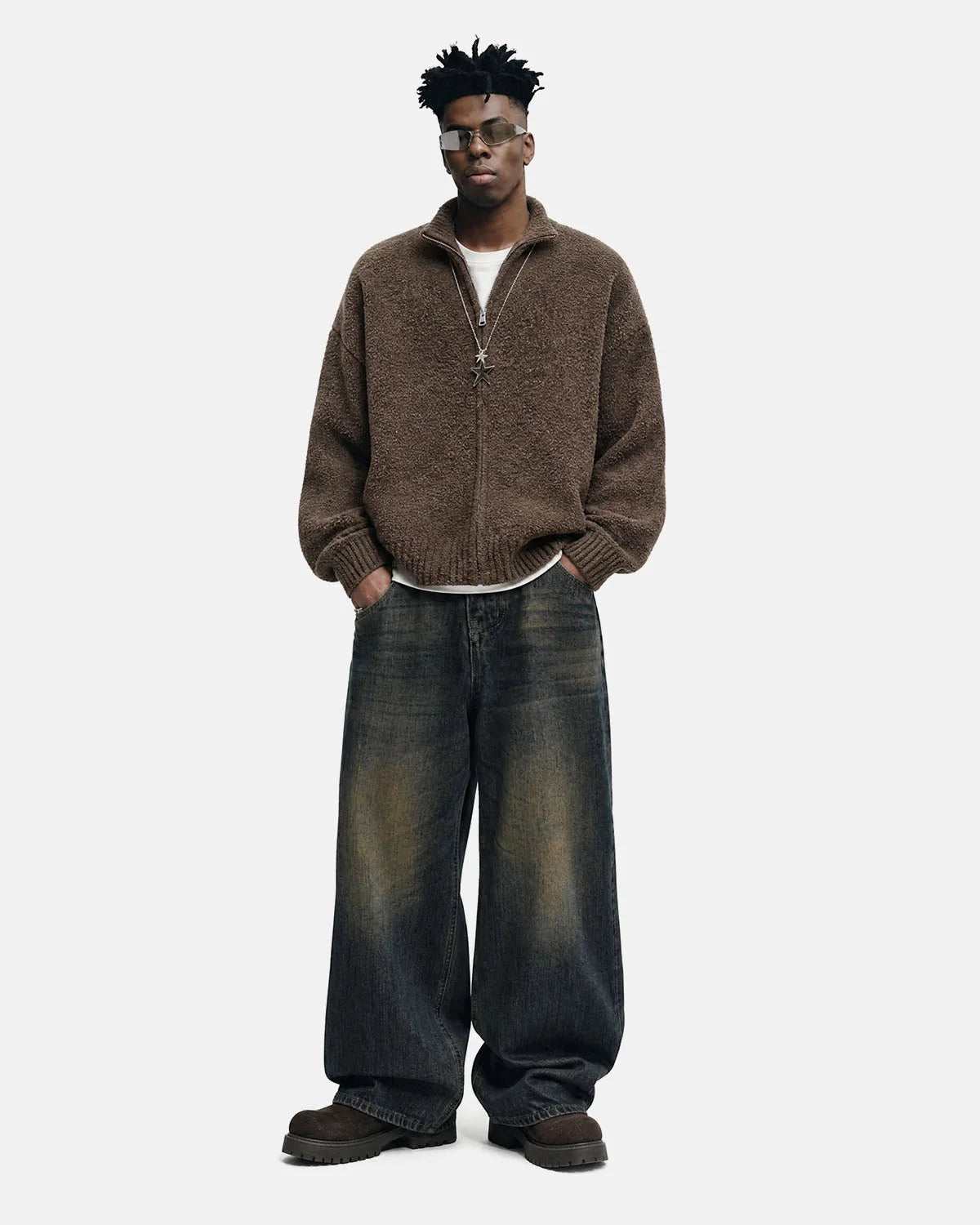 Omygoods Dirty Wash Graphic Wide Leg Jeans