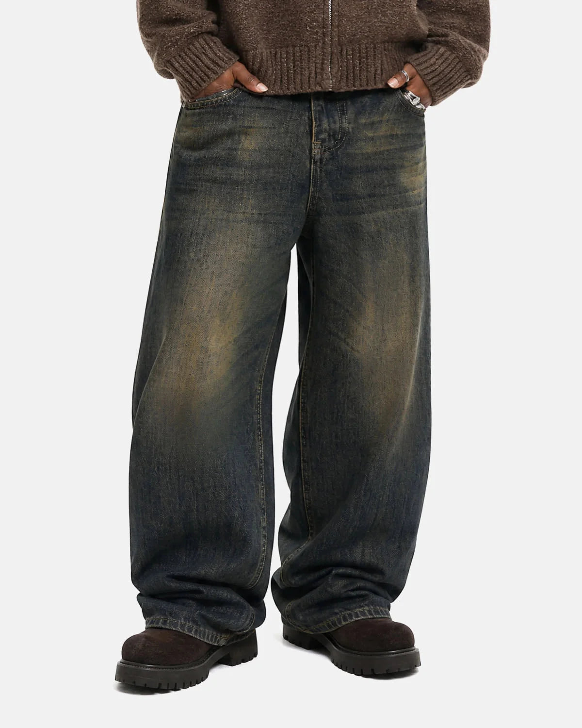 Omygoods Dirty Wash Graphic Wide Leg Jeans