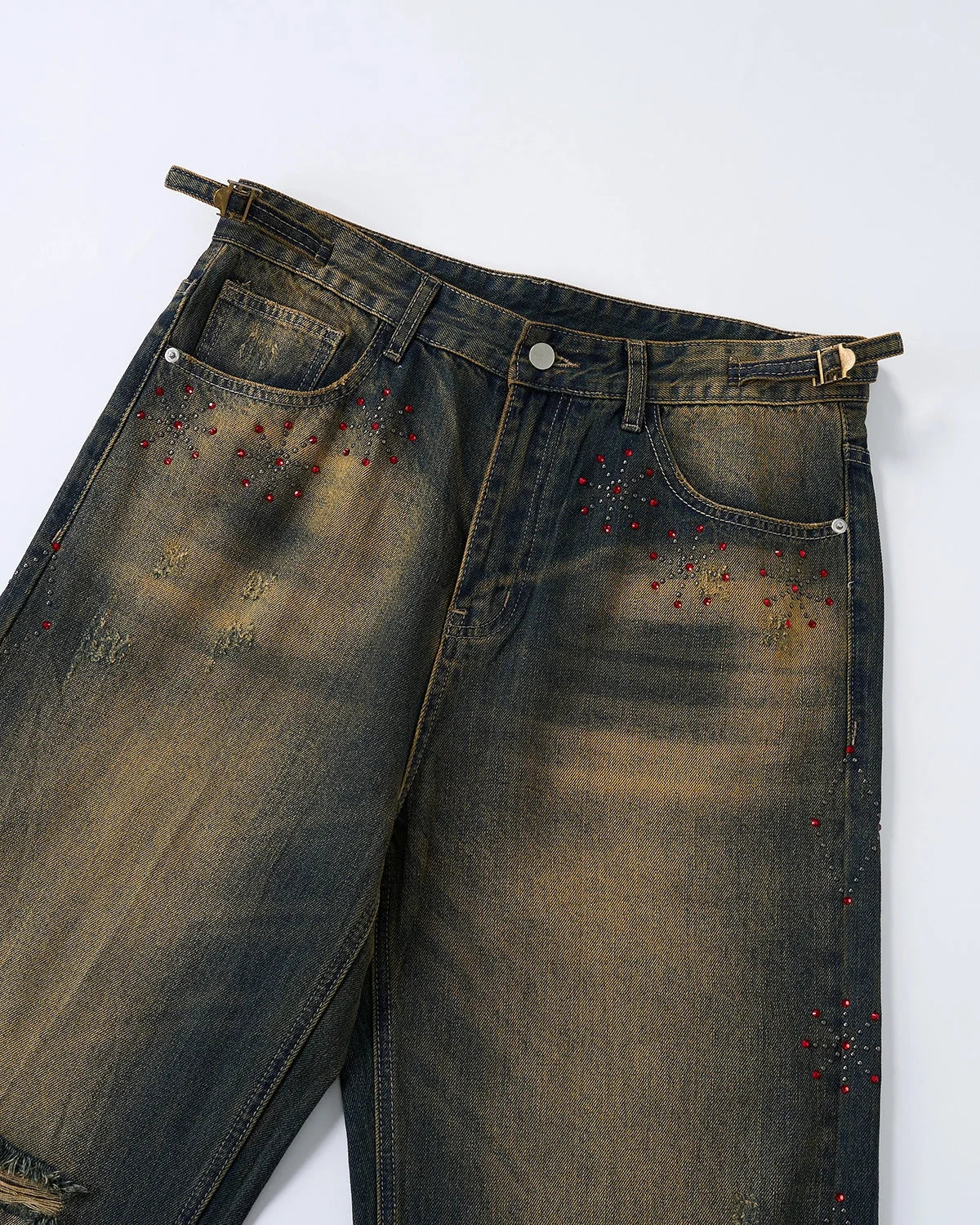 Omygoods Dirty Wash Rhinestone Baggy Jeans