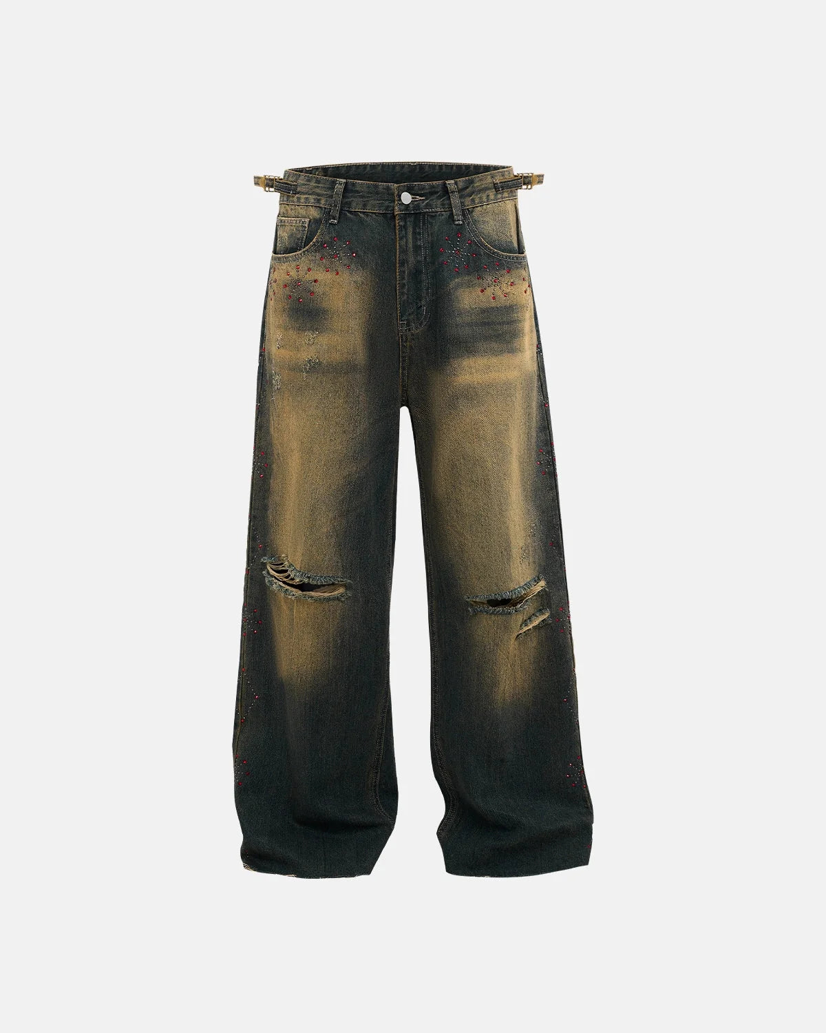 Omygoods Dirty Wash Rhinestone Baggy Jeans