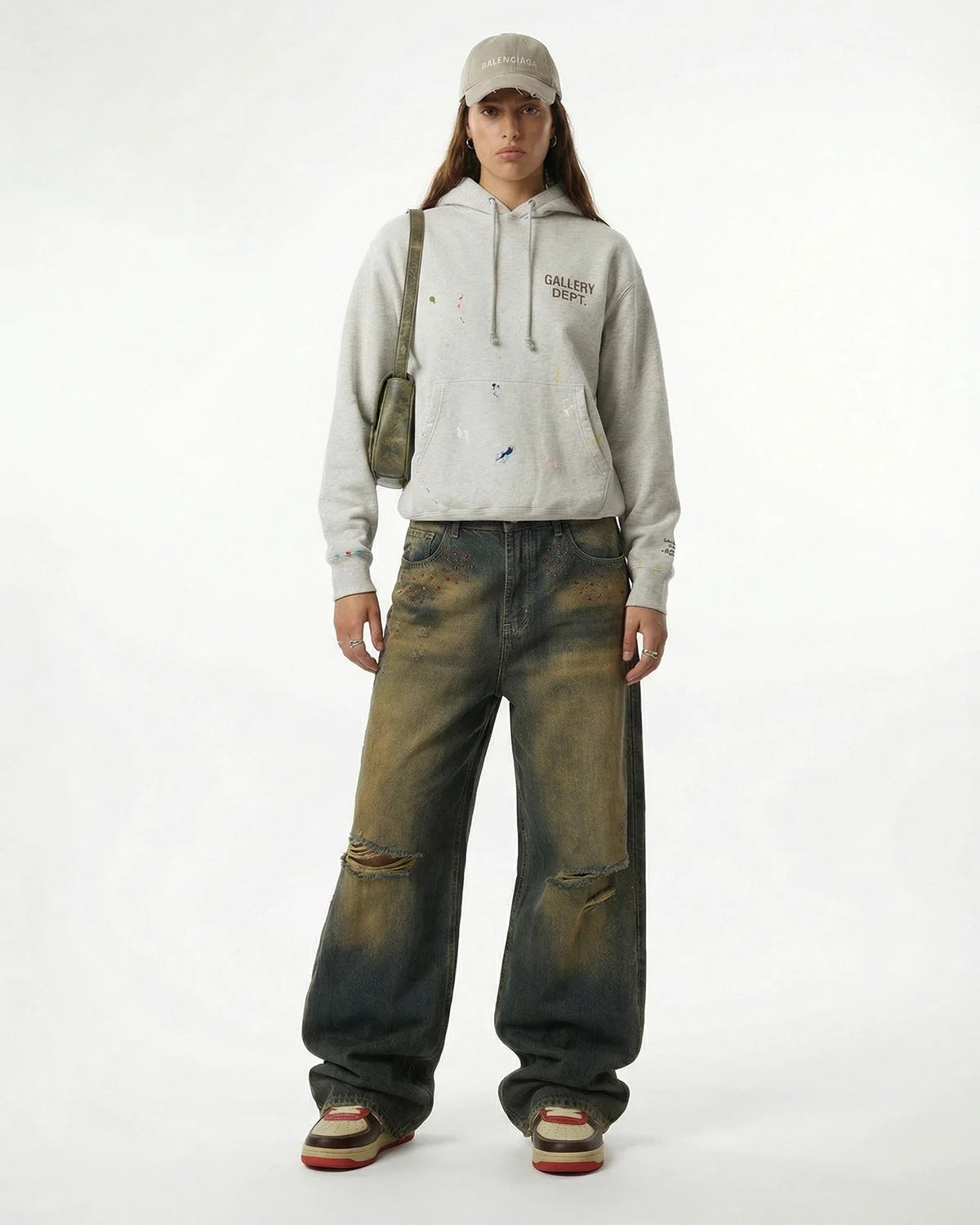 Omygoods Dirty Wash Rhinestone Baggy Jeans
